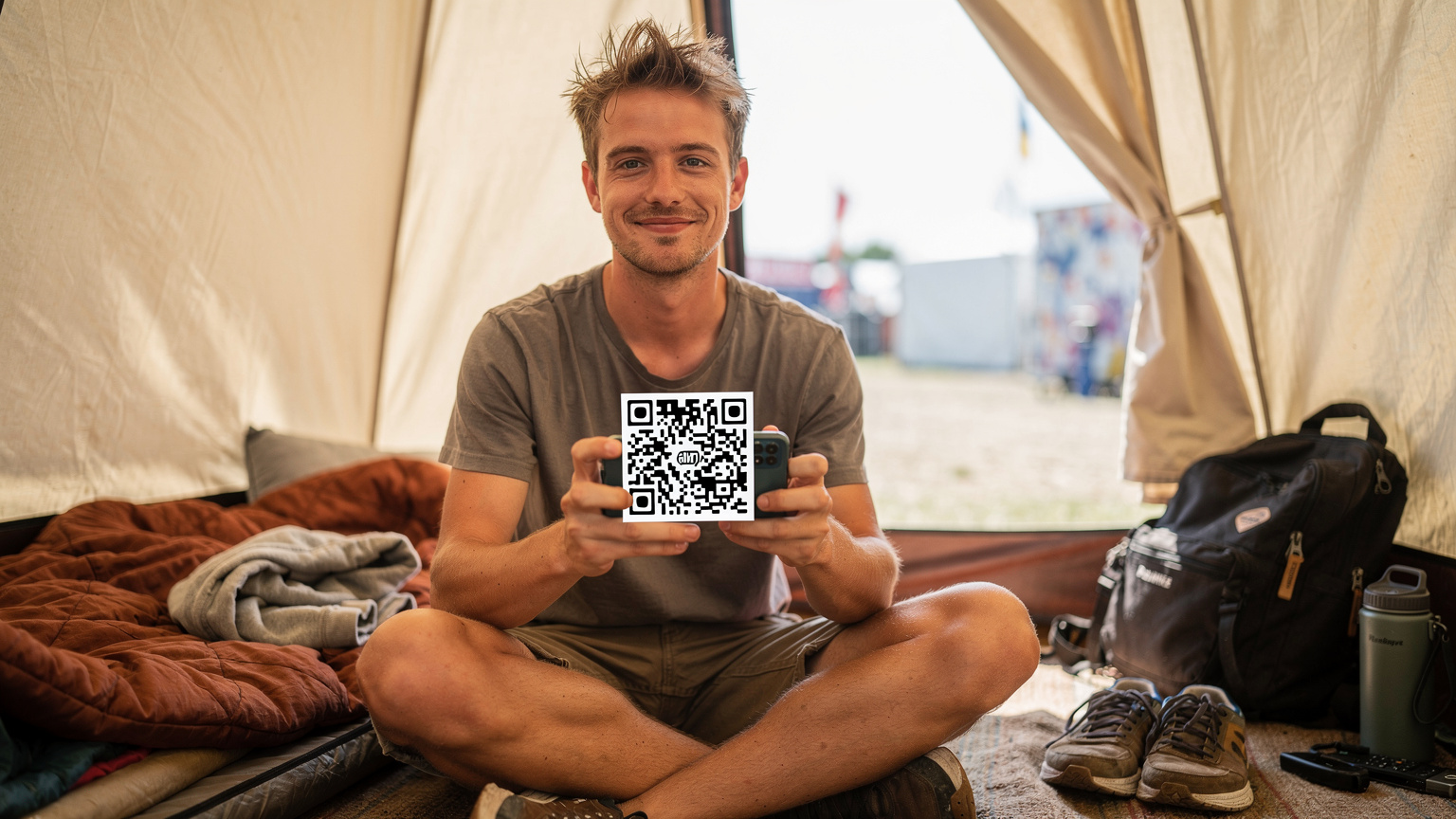 En ung mand sidder i et telt på Roskilde Festival og holder sin smartphone, hvor en QR-kode til eSIM-aktivering er synlig, med et roligt smil på læberne.