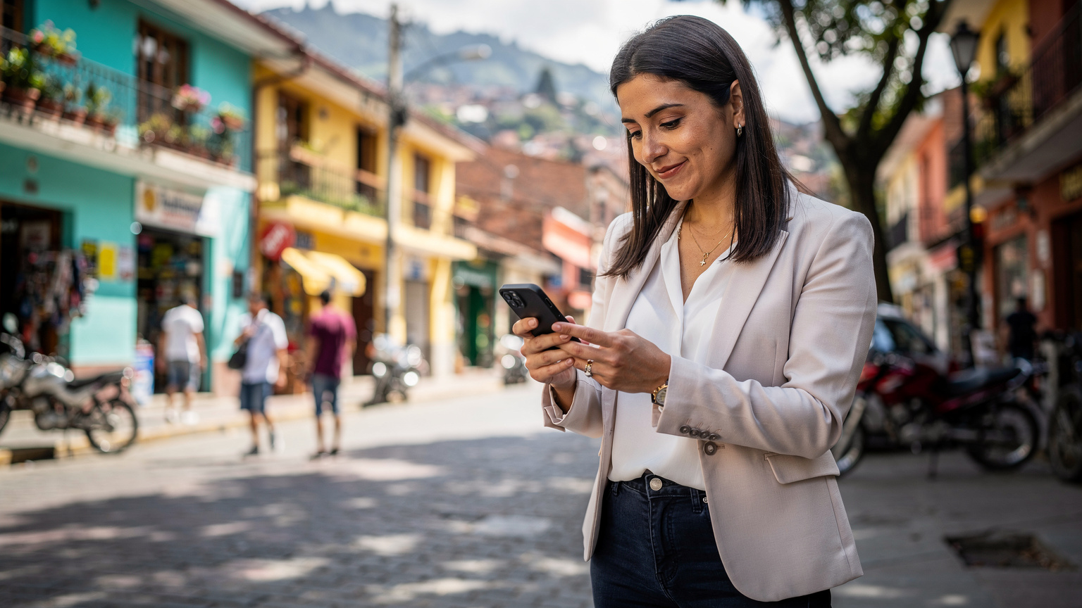 Una madre nómada digital revisa su teléfono en una calle concurrida de Medellín, confirmando que su eSIM está activa y proporcionando conexión estable para su trabajo remoto y para las necesidades de entretenimiento de sus hijos.
