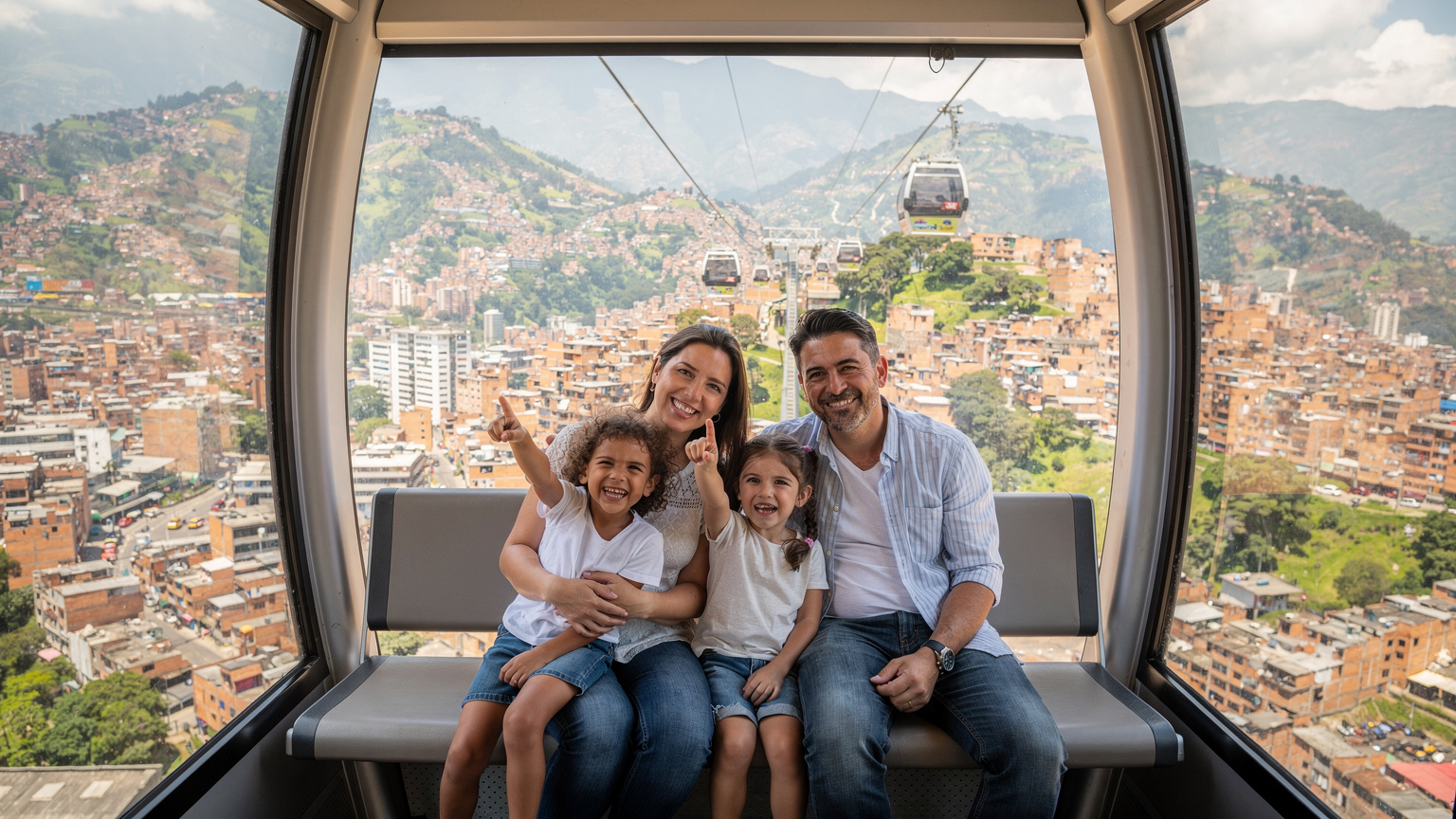Una familia joven, con dos niños de 4 y 6 años, disfrutando de un paseo en el Metrocable de Medellín, con vistas panorámicas de la ciudad. Los niños están sonriendo y señalando, mientras los padres observan felices y conectados.