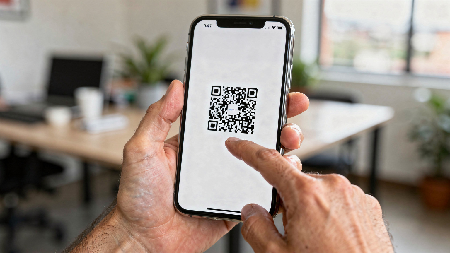Un primer plano de manos adultas configurando un eSIM en un smartphone, con un código QR de activación visible en la pantalla. Al fondo, de forma desenfocada, se vislumbra el ambiente de un moderno coworking en Medellín.