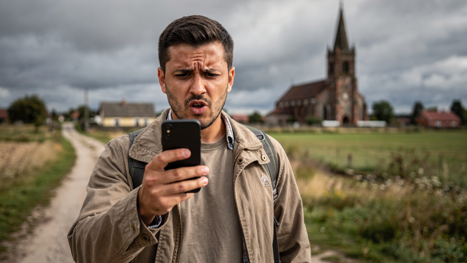 Un uomo italiano con un'espressione frustrata cerca segnale sul suo smartphone, in piedi in un paesaggio rurale della Polonia, con una vecchia chiesa gotica in lontananza e un cielo nuvoloso.