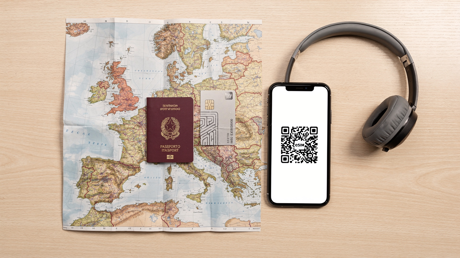 Una vista dall'alto di una scrivania con un passaporto italiano, una carta di credito, uno smartphone che mostra un codice QR per l'installazione dell'eSIM e cuffie, il tutto appoggiato su una mappa stradale dell'Europa.