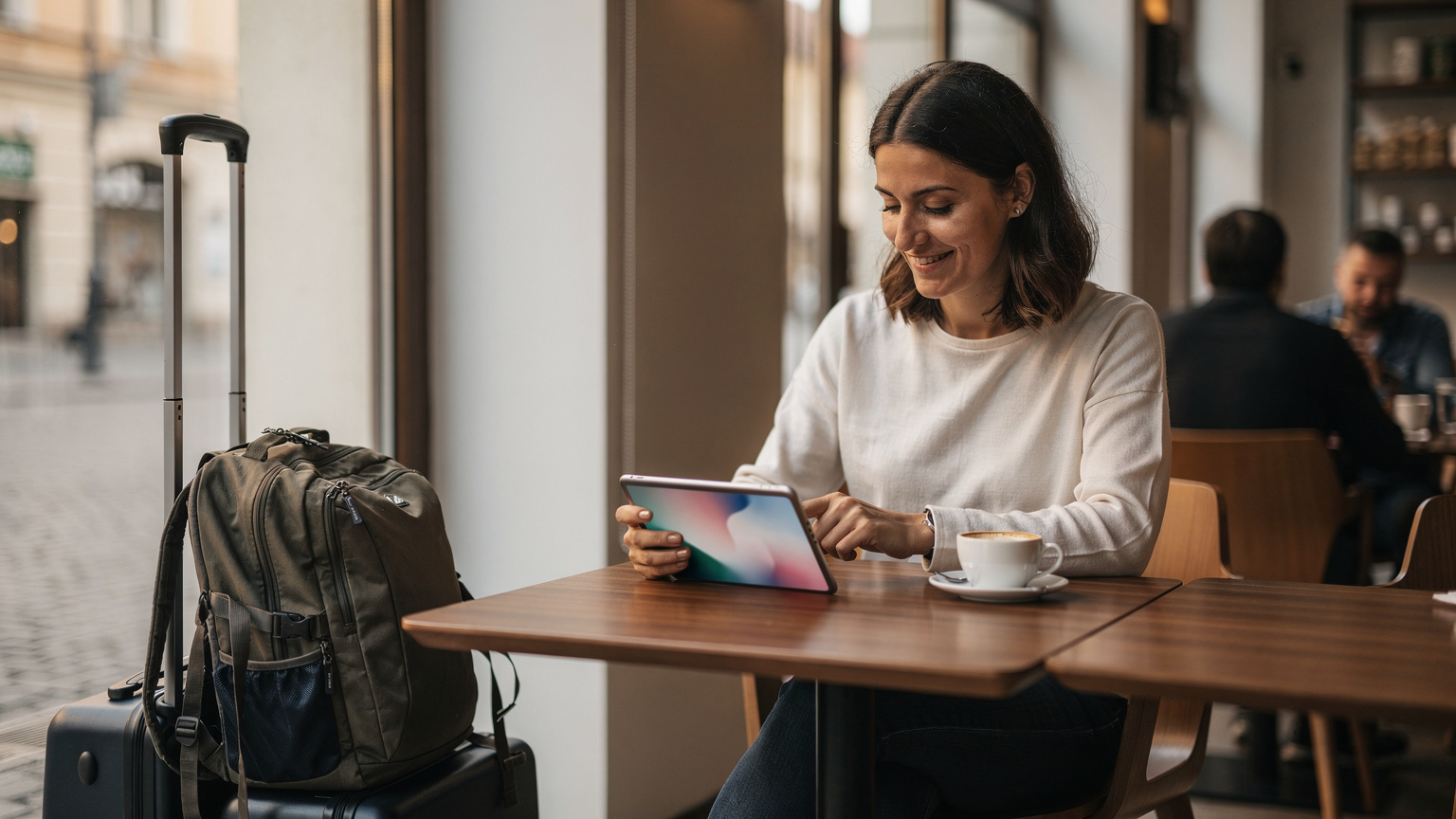 Una donna italiana sorride mentre controlla il suo tablet, mostrando un'applicazione per la gestione della eSIM, seduta a un tavolo di un caffè a Zagabria, in Croazia, con borse da viaggio e una tazza di caffè vicino a lei.