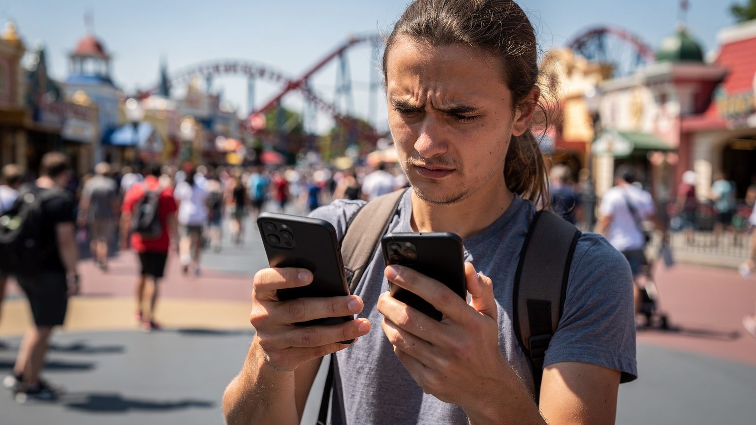 Un smartphone affichant un signal réseau faible dans une zone dense du parc, contrastant avec l'effervescence ambiante.