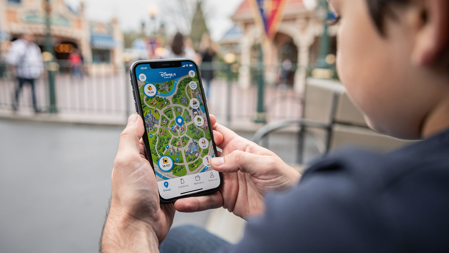 Une famille naviguant dans l'application mobile de Disneyland Paris, consultant les temps d'attente des attractions.