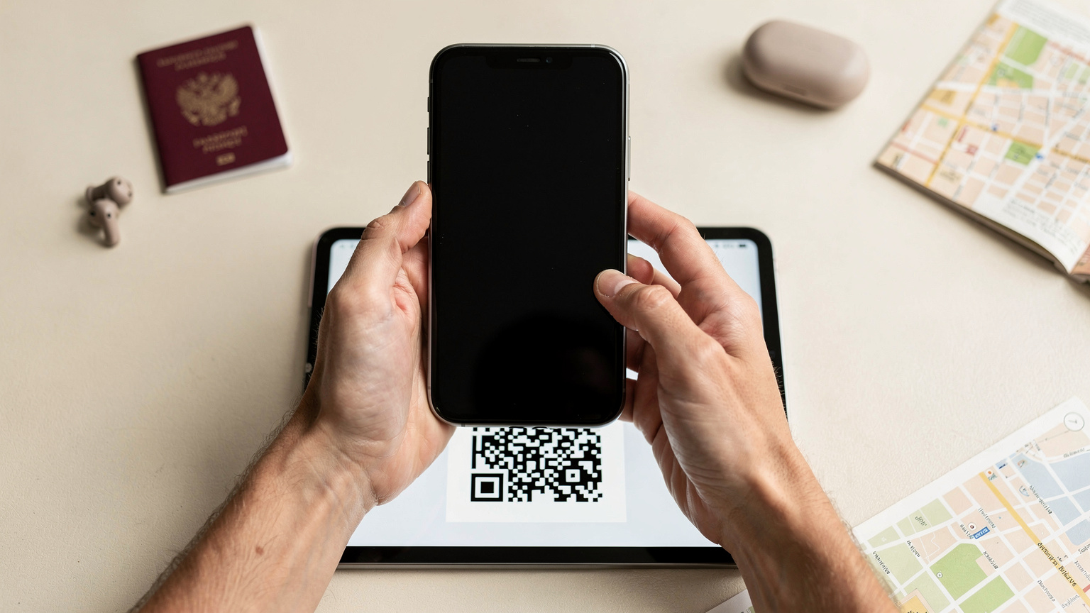 Des mains tenant un smartphone et scannant un QR code pour activer une eSIM, avec un passeport et des écouteurs en arrière-plan.