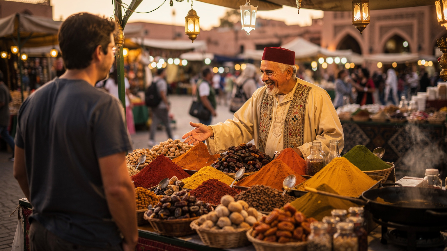 A vibrant street food vendor in Marrakech's Jemaa el-Fnaa square, illuminated by warm evening lights, engaging with a customer, capturing a culturally rich moment.