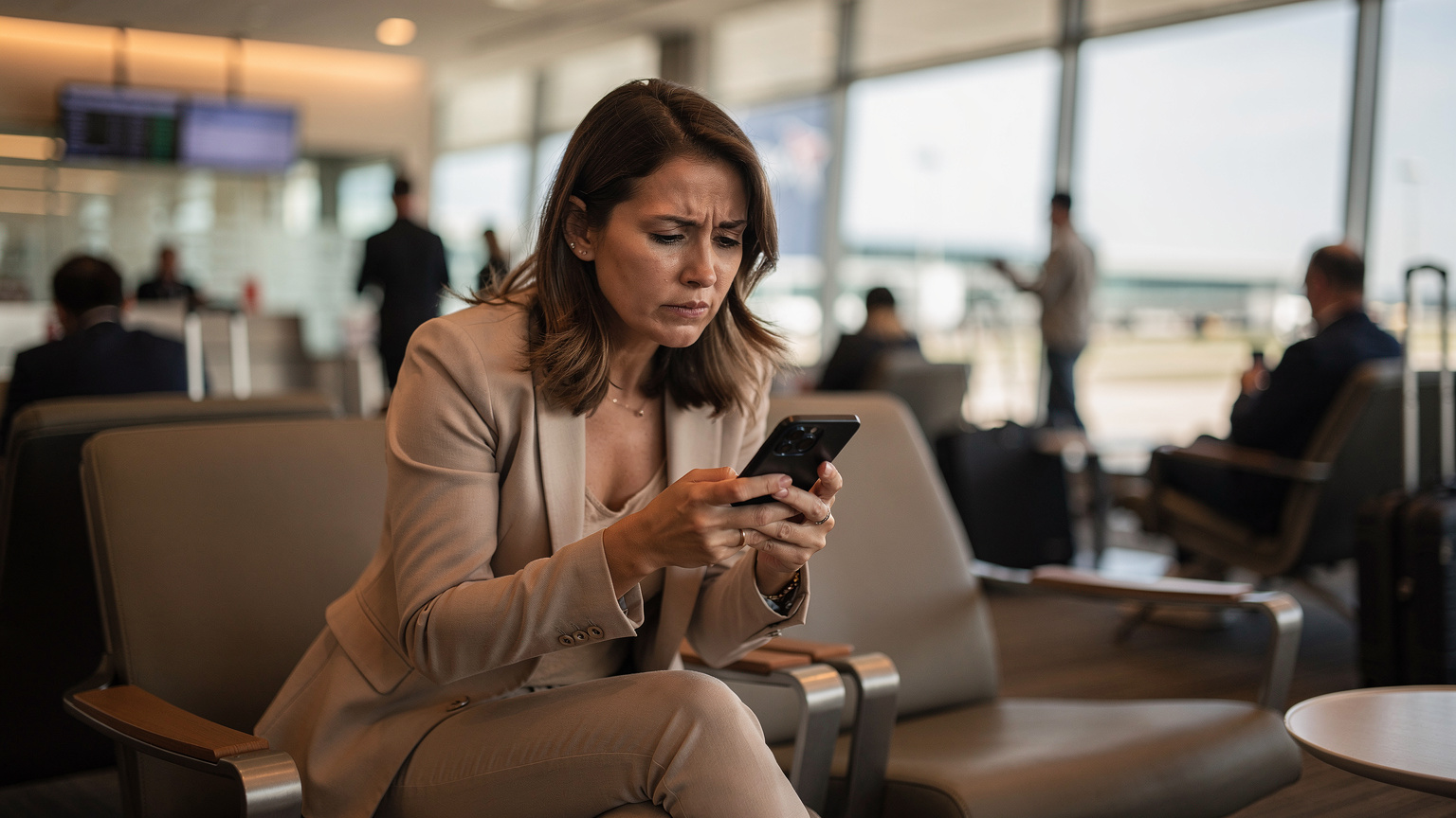 A woman in a bustling airport lounge, checking her smartphone with a slightly worried expression, attempting to connect to Wi-Fi, highlighting common travel connectivity issues.