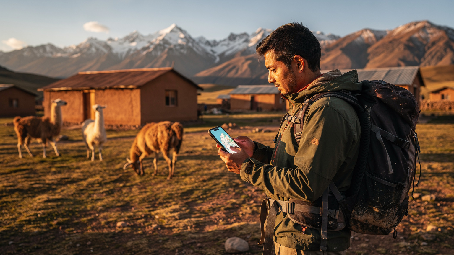 Un viajero con mochila, smartphone en mano, consultando un mapa digital mientras admira el impresionante paisaje montañoso del altiplano andino, con llamas pastando en la distancia y un cielo azul intenso.