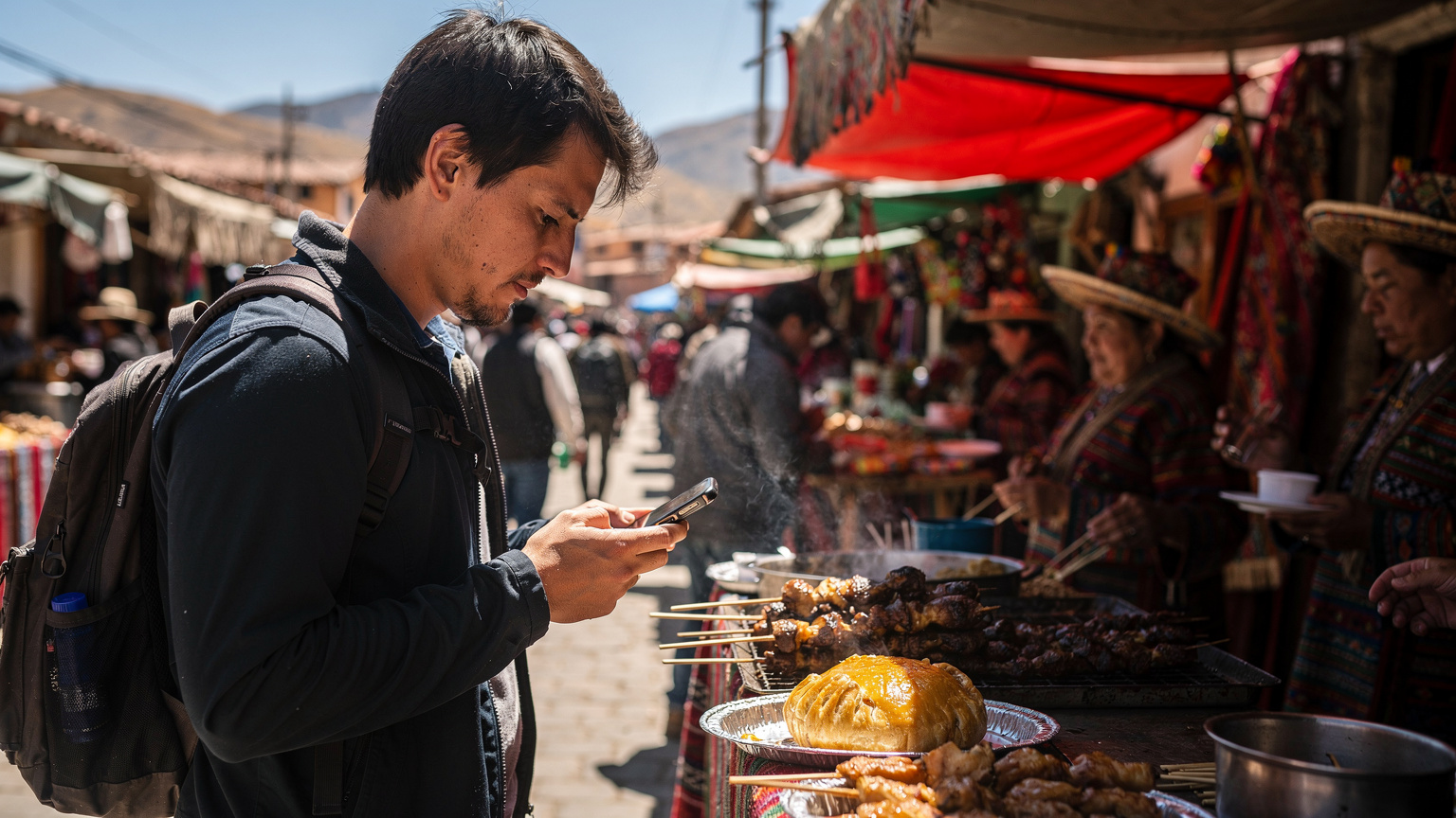 Un viajero consulta su smartphone en la cola de un puesto de comida callejera en un mercado andino, con un plato de anticuchos en primer plano. La gente local se mueve alrededor, creando una atmósfera vibrante.