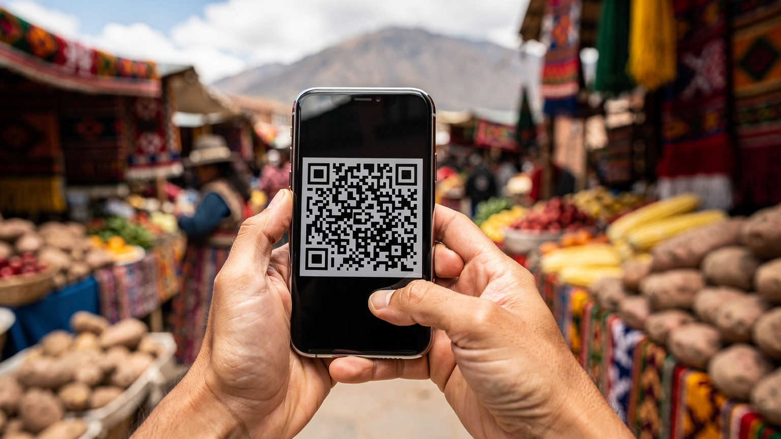 Un viajero con su smartphone en mano, mostrando una pantalla con un código QR, listo para escanear y activar su eSIM. Al fondo, se vislumbran las montañas andinas y un mercado local bullicioso.