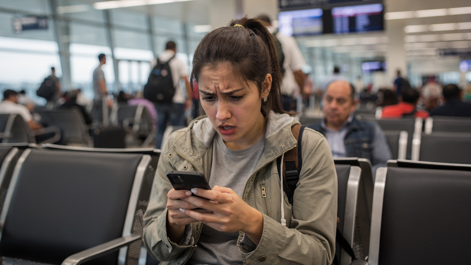 Una mujer joven, con expresión de frustración, sostiene su smartphone en un concurrido aeropuerto. Su rostro refleja la dificultad para obtener conexión, mientras otros viajeros la rodean.