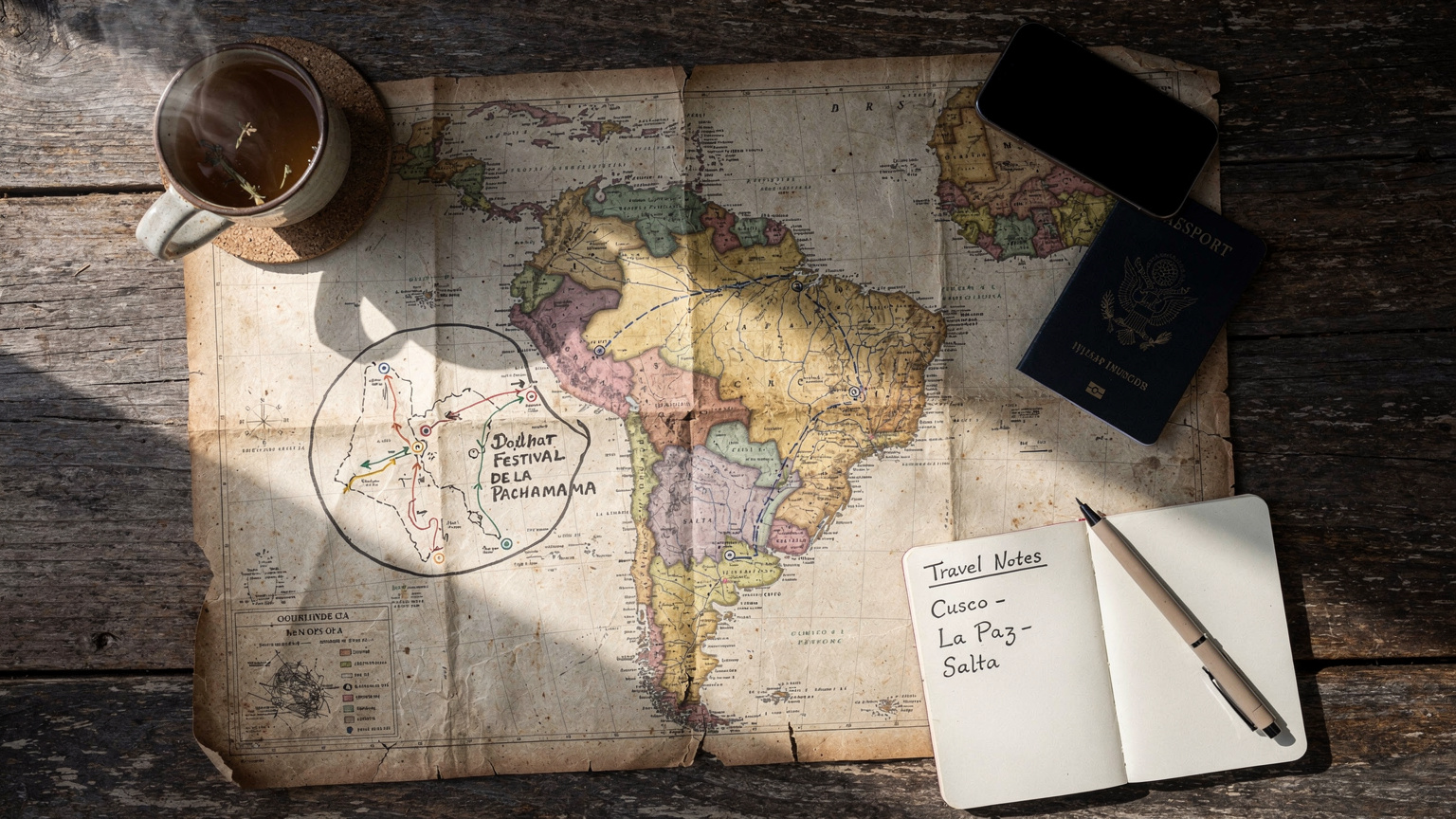 Un mapa detallado de América del Sur con marcadores de rutas de viaje y ubicaciones de festivales, como la Pachamama. Un smartphone con la aplicación Cellesim abierta superpuesta en un rincón.