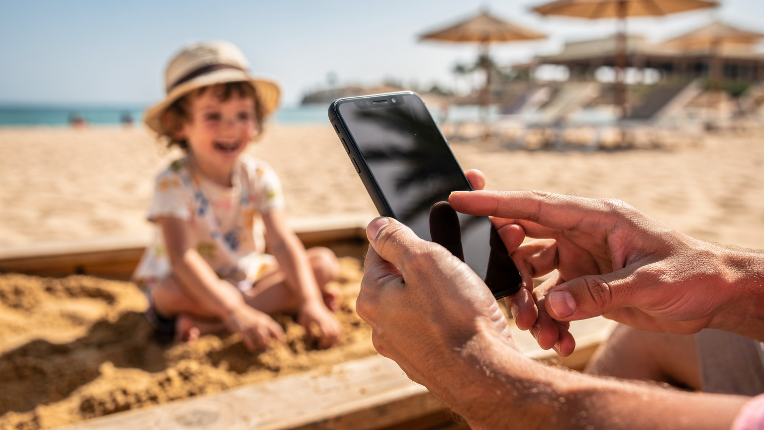 Руки родителя, настраивающего приложение родительского контроля на смартфоне, на заднем плане видно, как ребенок играет в песочнице на пляже в Египте.