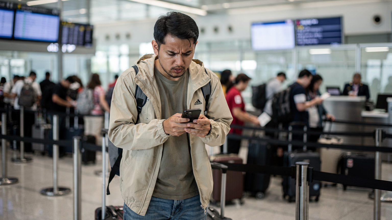 Seorang pengembara Malaysia yang sedang memegang telefonnya dengan ekspresi bimbang, berdiri di kaunter imigresen yang sibuk di Lapangan Terbang Antarabangsa Incheon, Korea Selatan, sambil barisan pelancong beratur di belakangnya.