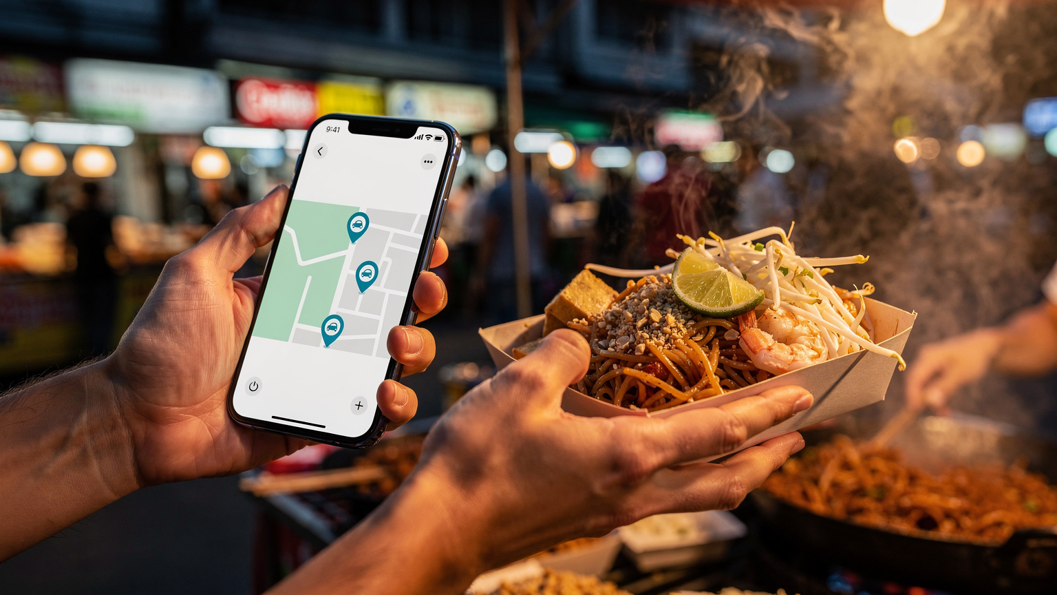 Tangan seorang pengembara memegang telefon dengan aplikasi GrabBike terbuka, sambil seorang penjual pad thai menghulurkan hidangan dari gerai makan jalanan yang sibuk di Bangkok.