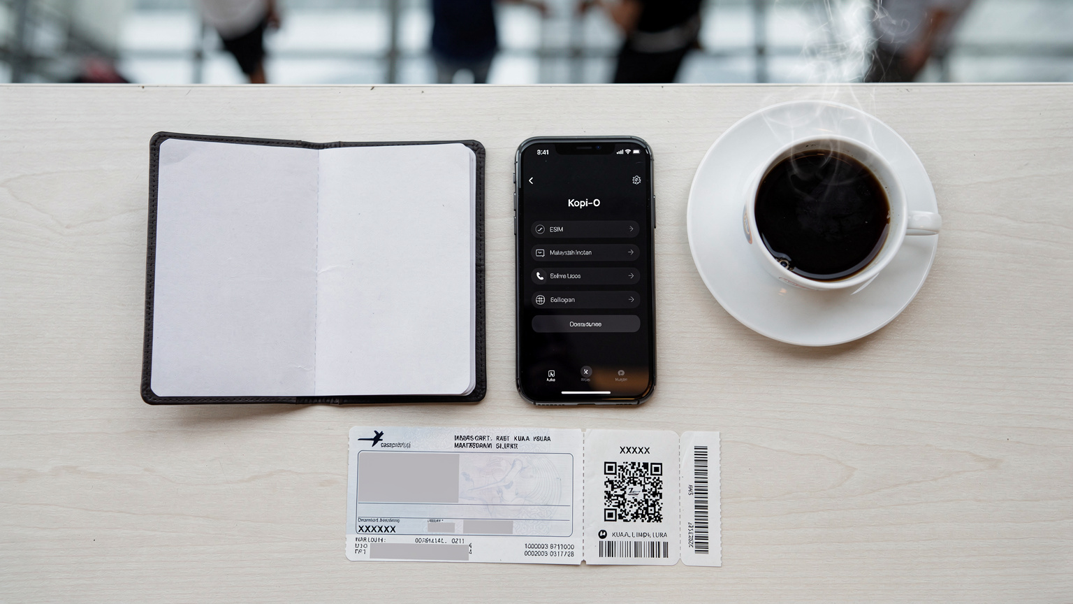 Pemandangan overhead flat-lay sebuah meja kafe di Lapangan Terbang Antarabangsa Kuala Lumpur (KLIA) dengan pasport Malaysia terbuka, telefon pintar yang menunjukkan skrin tetapan eSIM, cawan kopi, dan tiket kapal terbang.