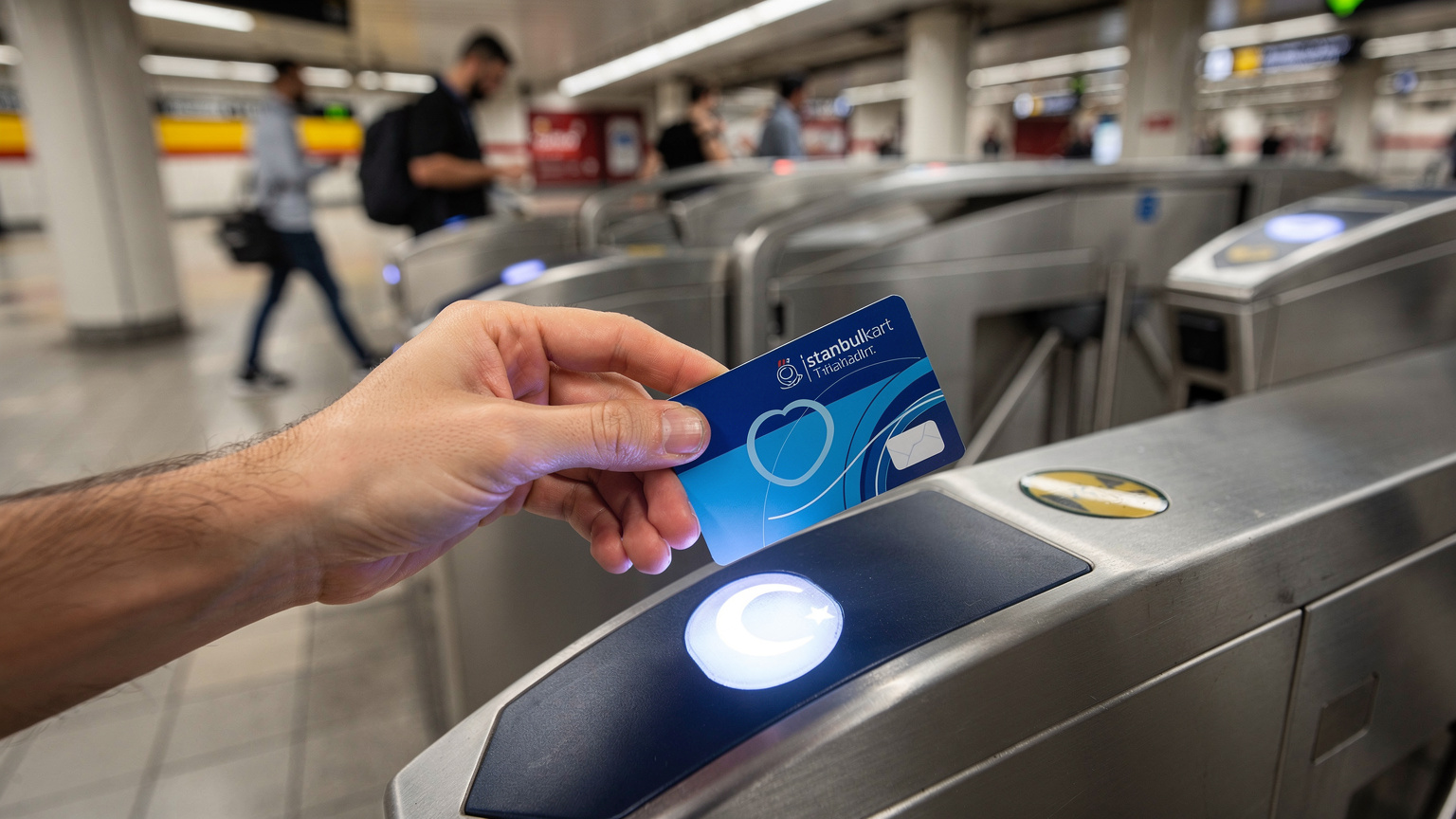O mână ține un Istanbulkart, validându-l la un turnichet de metrou aglomerat, cu oameni trecând rapid prin fundal.