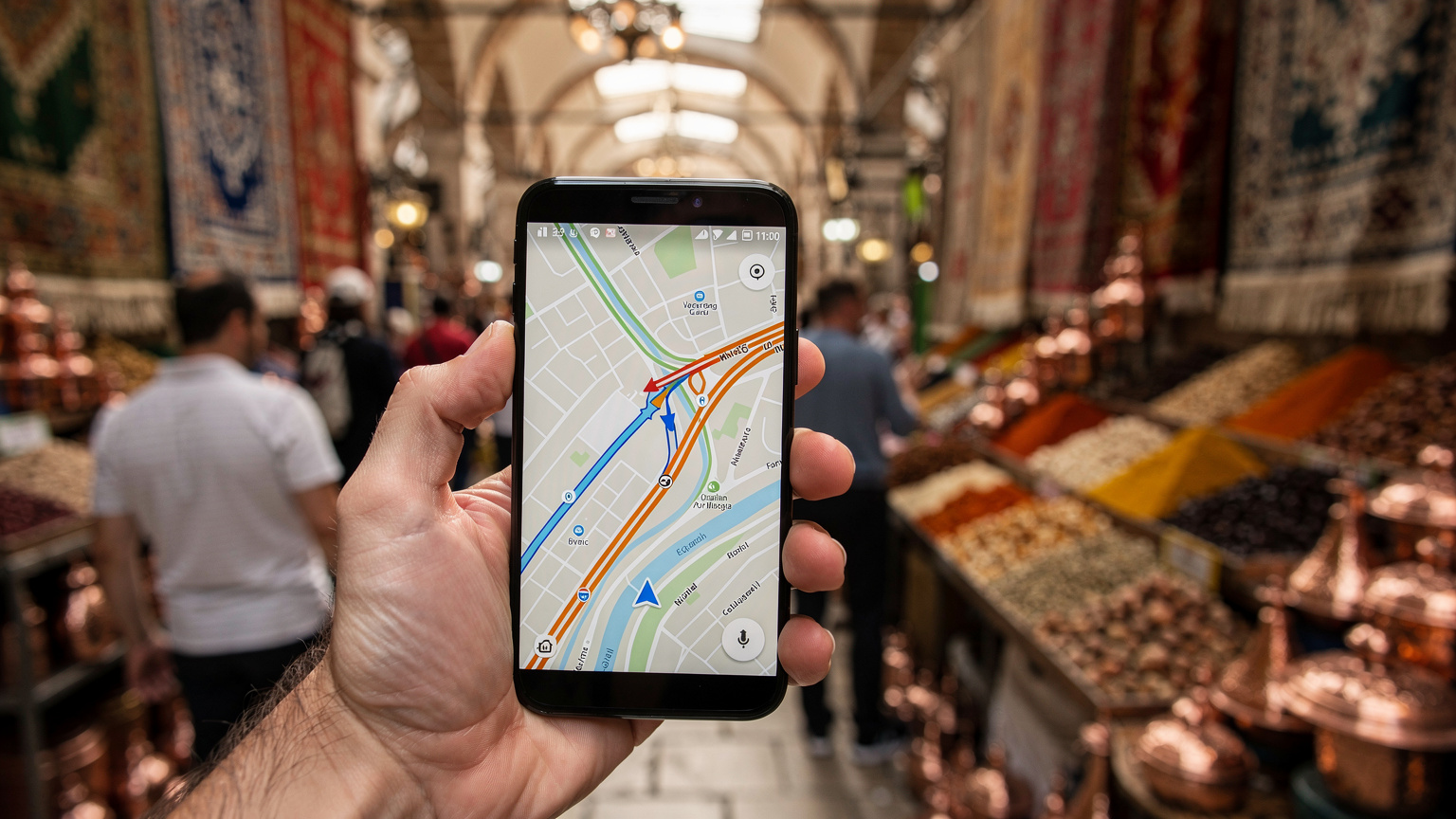 O mână ține un smartphone care afișează o hartă, în timp ce în fundal se vede o piață turcească vibrantă, cu tarabe și oameni.