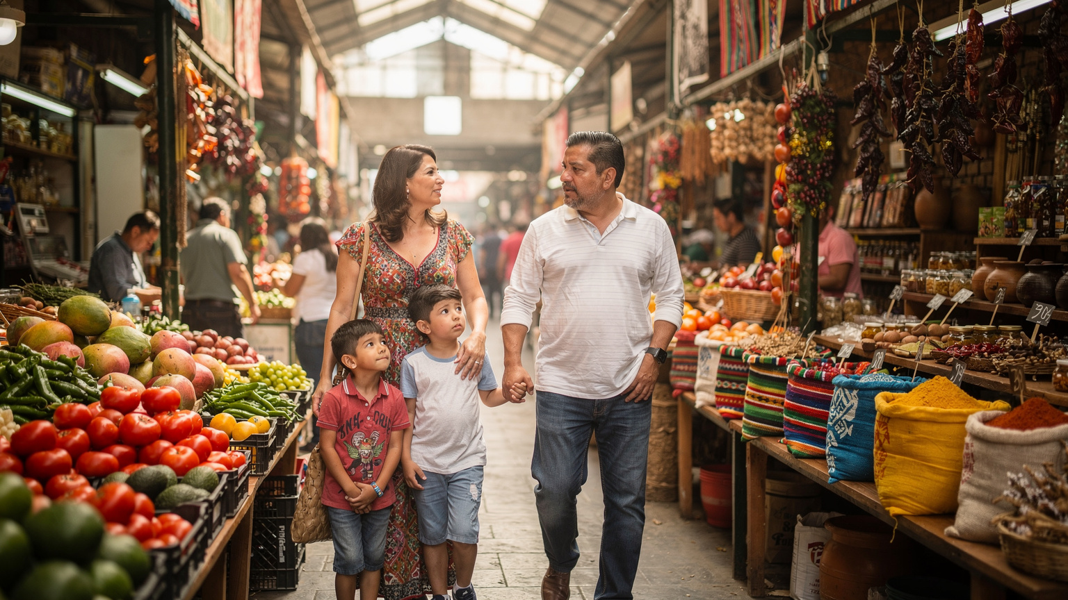 Mexico City'nin hareketli bir pazarında tezgahlar arasında dolaşan bir aile, ebeveynler çocuklarının elini tutarak etrafa dikkatli bakıyor.
