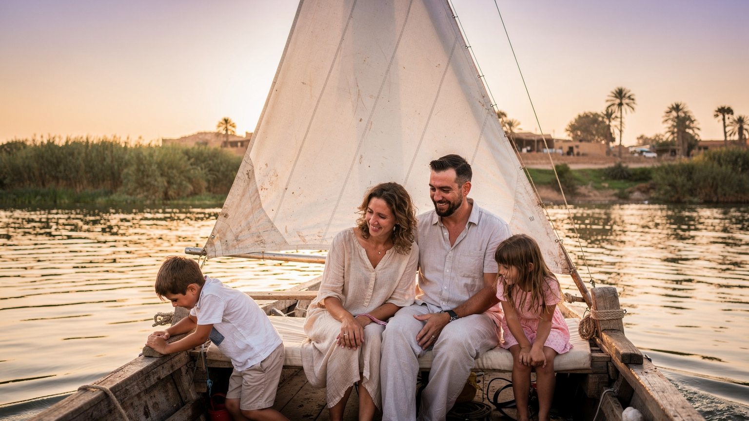 Une famille avec deux enfants, un garçon et une fille, naviguant sur le Nil à bord d'une felouque traditionnelle, le soleil se couchant en arrière-plan et illuminant les rives verdoyantes. Les enfants regardent l'eau avec curiosité.