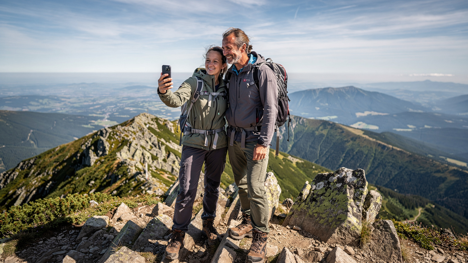 Usmívající se pár v turistickém oblečení si prohlíží telefon s mapou na vrcholu hory s rozsáhlým výhledem na české hory.