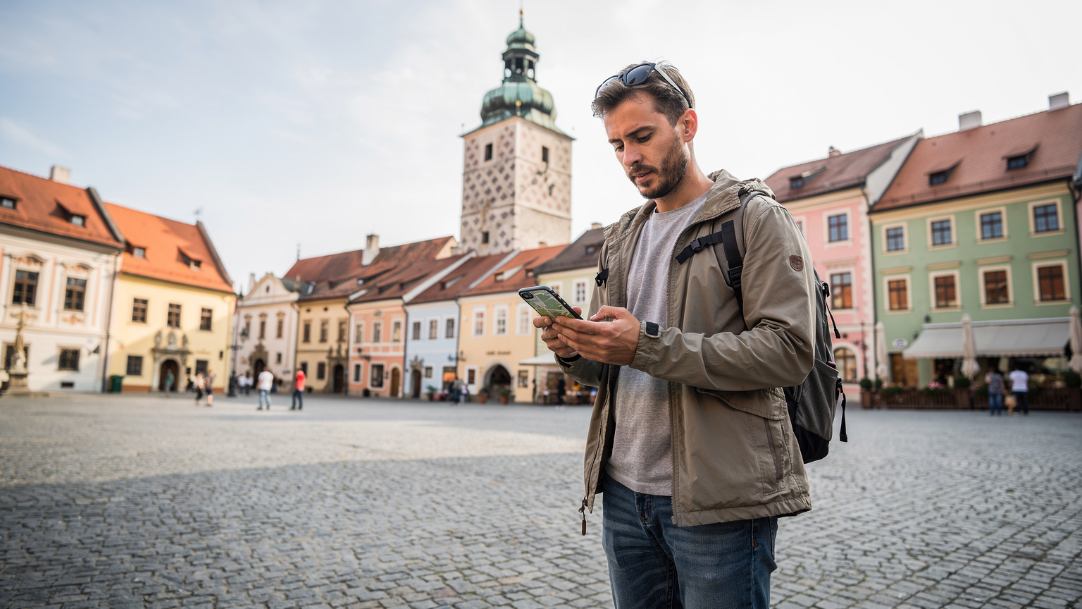 Cestovatel s telefonem v ruce na náměstí v Českém Krumlově, kontroluje mapu s historickými domy v pozadí.