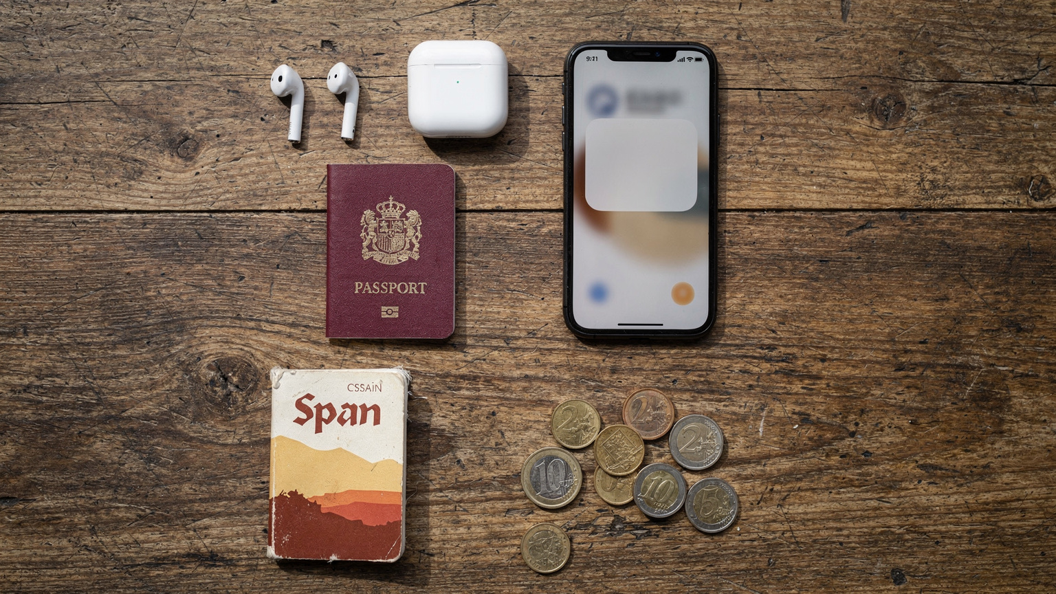 Přehledný flat-lay na stole: pas, chytrý telefon s displejem zobrazujícím nastavení eSIM, sluchátka, malý cestovní průvodce a španělské mince, symbolizující připravenost na cestu a řešení technologických otázek.