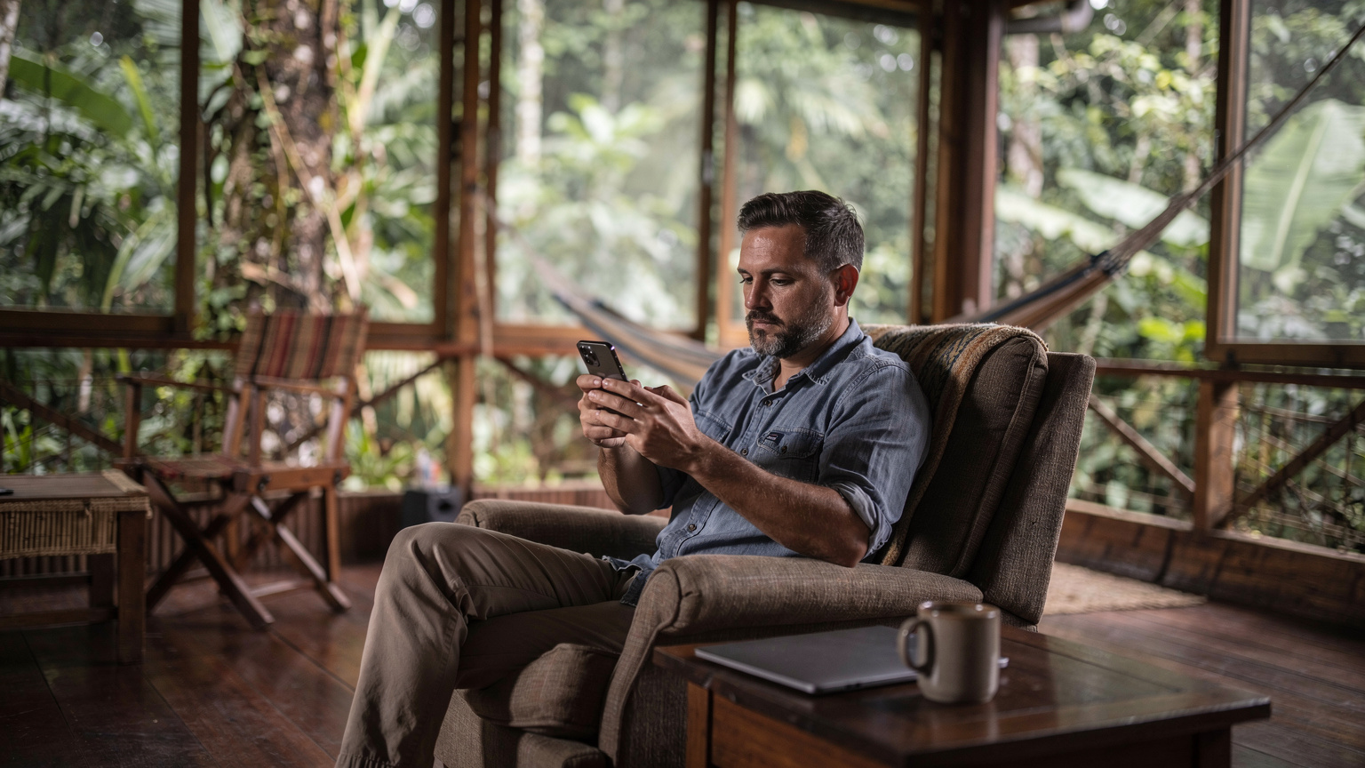Uma pessoa sentada em um banco rústico de madeira, em um lodge na Amazônia, ativando um eSIM em seu smartphone, com a densa floresta tropical ao fundo.