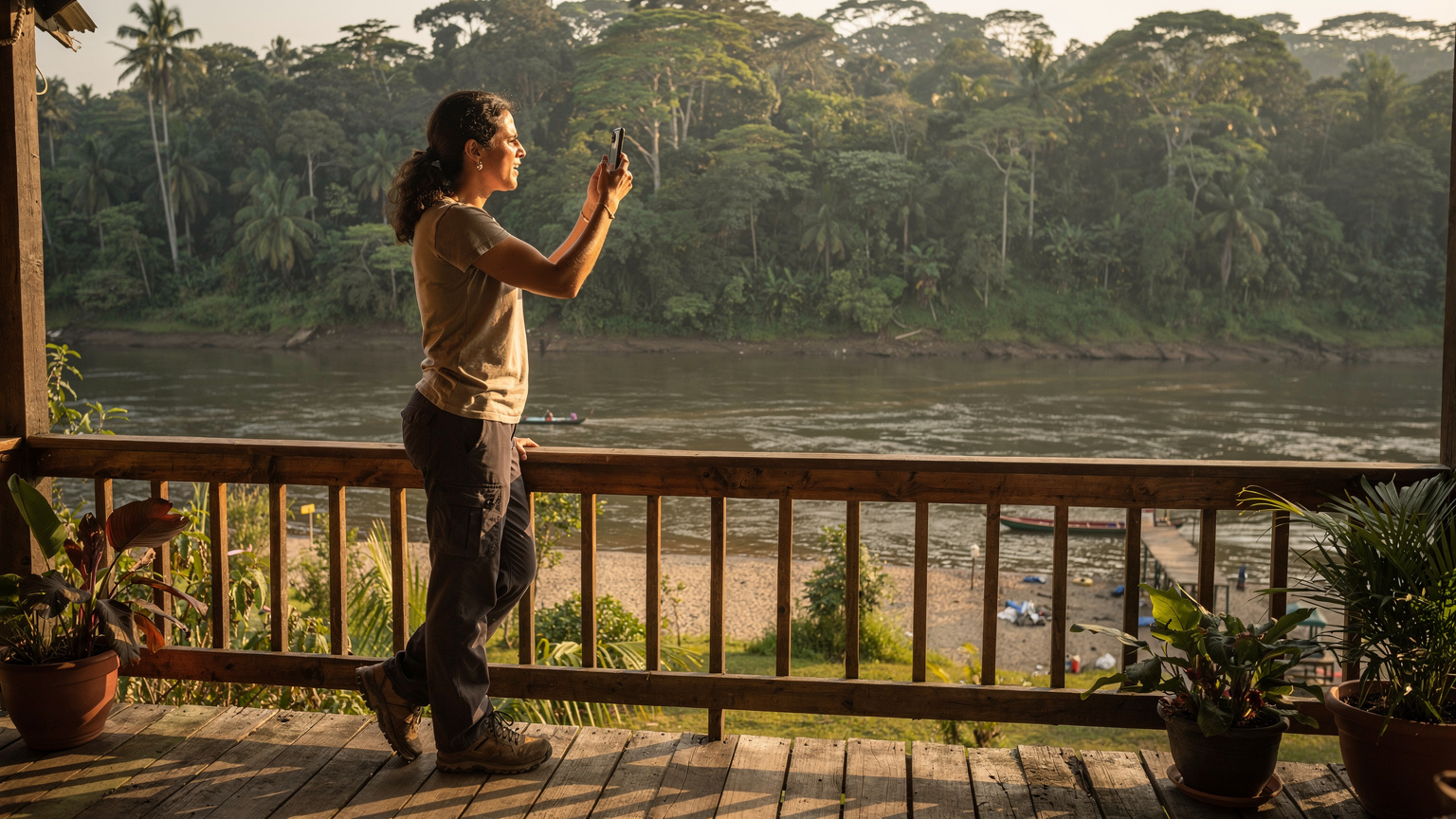 Um viajante olhando para seu celular com uma expressão de frustração, tentando encontrar sinal em uma varanda de madeira com vista para o rio Napo e a selva amazônica.