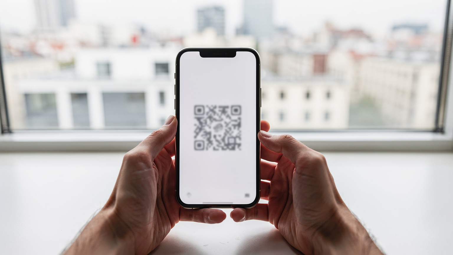 Крупний план рук, що тримають смартфон із зображенням QR-коду eSIM на екрані, на фоні вікна, що виходить на міський пейзаж, акцентуючи на простоті активації eSIM.