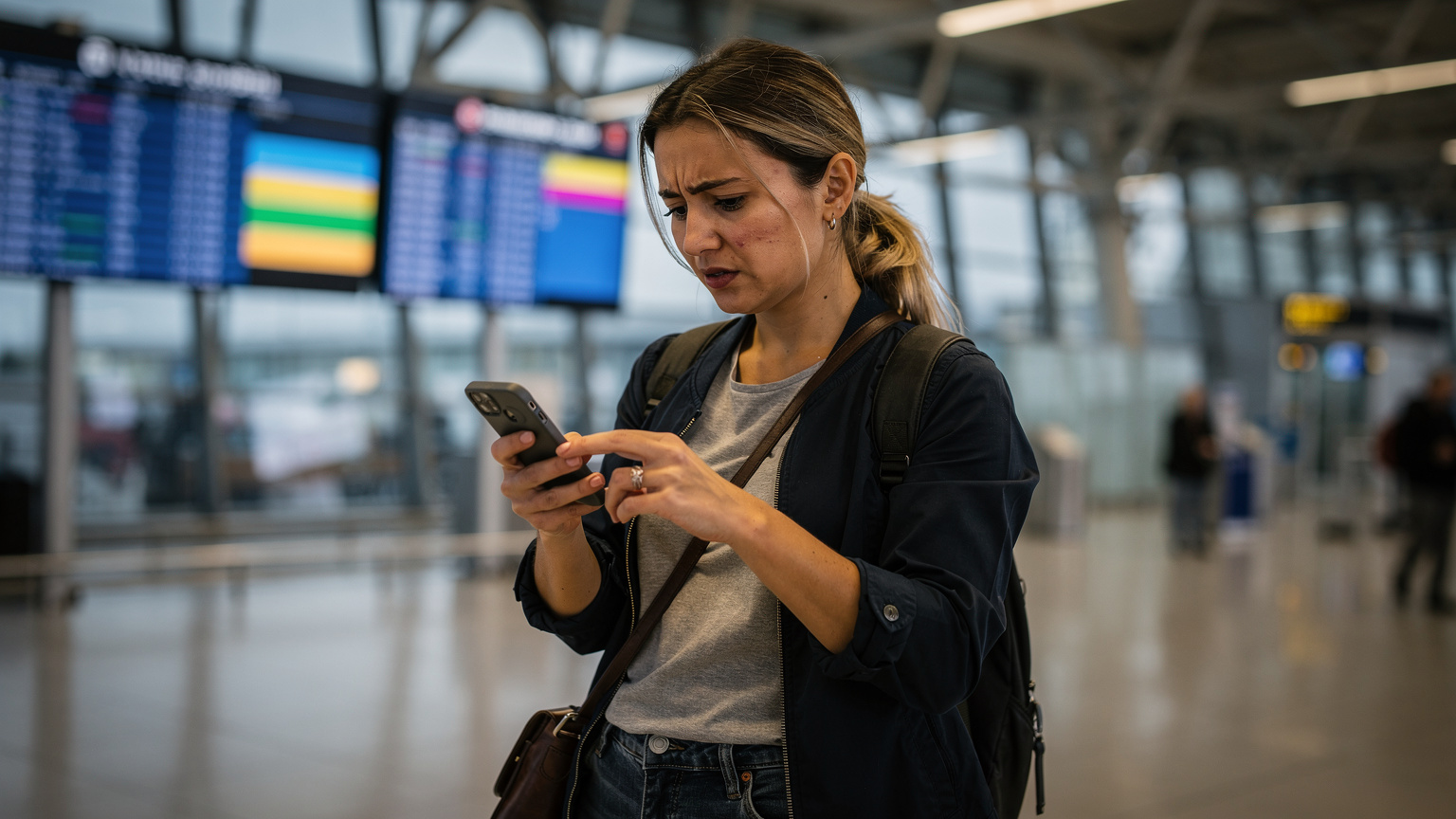 Мандрівниця з України, що виглядає стурбованою, тримає смартфон і намагається отримати доступ до інтернету в аеропорту, відображаючи поширену проблему, коли зв'язок не працює.