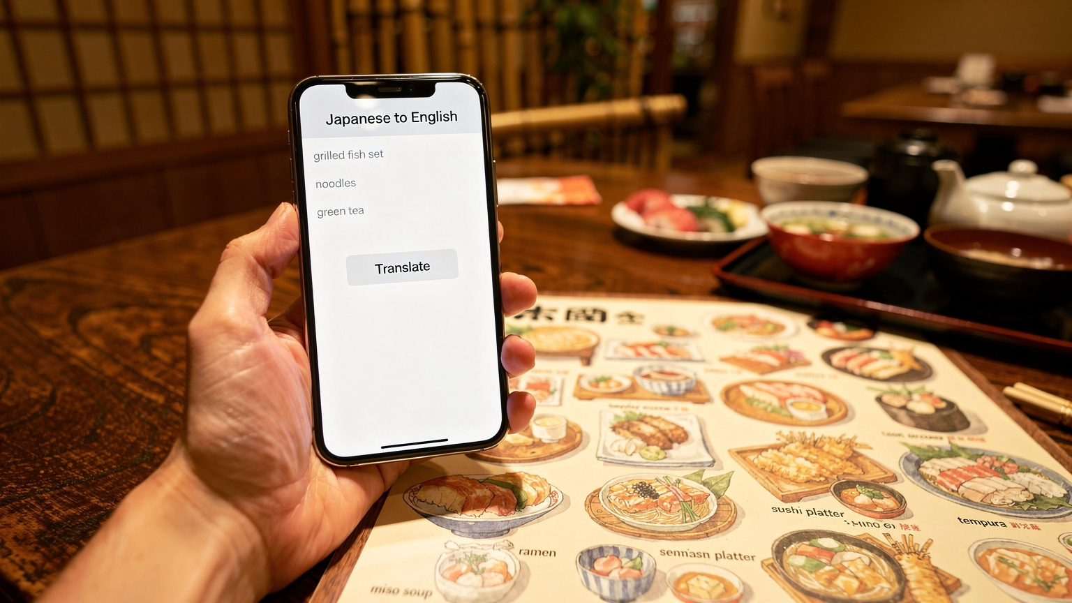 Un smartphone affichant une application de traduction automatique est tenu au-dessus d'un menu de restaurant japonais traditionnel, avec des plats colorés et une décoration en bois et bambou en arrière-plan, sous une lumière chaude.