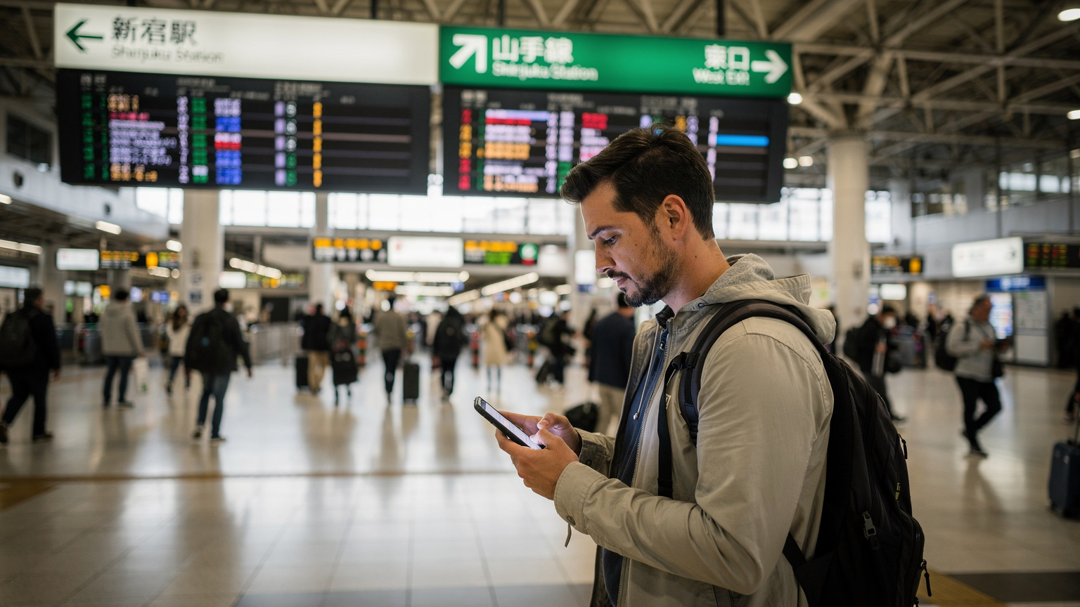 Un voyageur consulte son smartphone, affichant une carte des transports de Tokyo, dans le hall animé de la gare de Shinjuku, avec des panneaux d'information électroniques et une signalétique claire en japonais et en anglais.