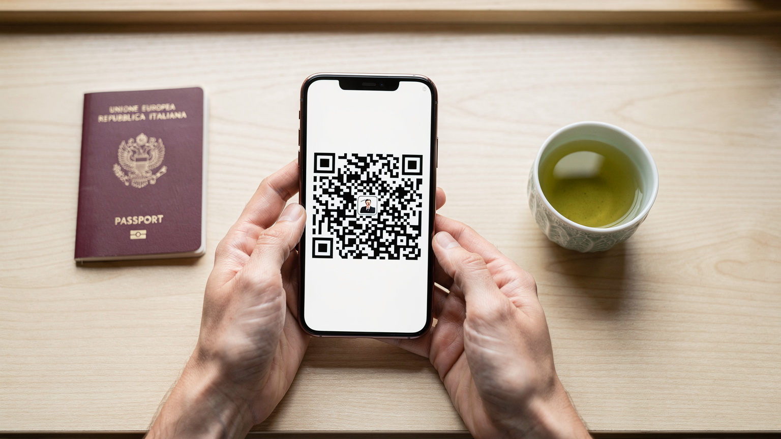Deux mains tiennent un smartphone, affichant un code QR d'activation d'eSIM, tandis qu'un passeport italien et une tasse de thé vert se trouvent sur une table en bois clair d'un café japonais, le tout dans une ambiance lumineuse et sereine.