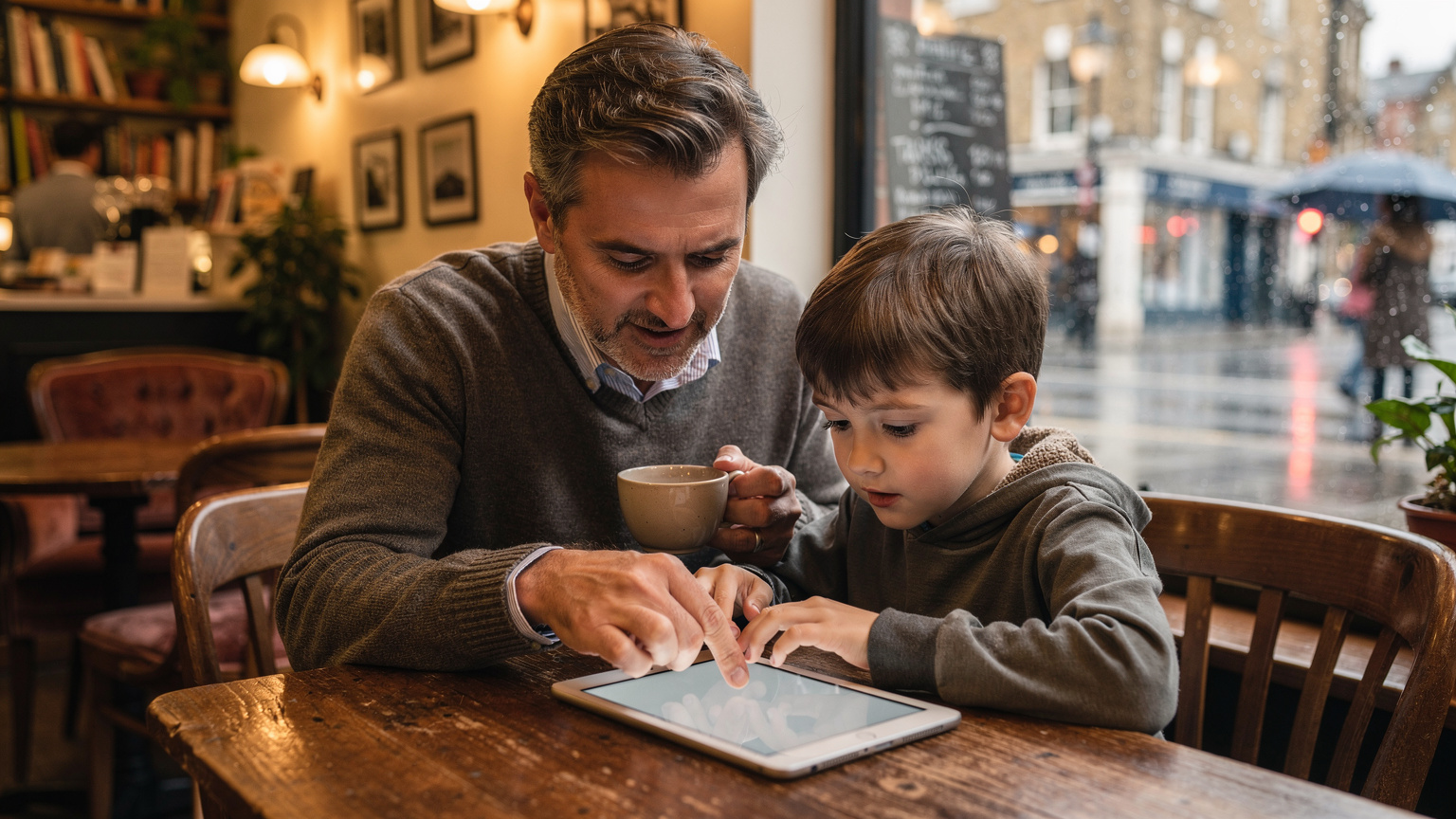 Un padre, de unos 40 años, con una taza de té, está sentado en un acogedor café de Londres con su hijo, de unos 8 años. El padre le está ayudando a descargar un juego en su tablet, para tenerlo disponible offline para futuros trayectos.