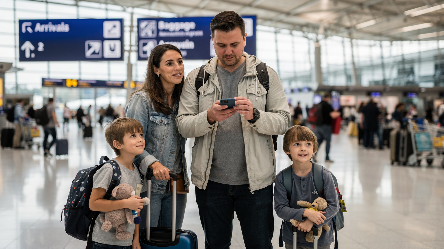 Una familia con dos niños, con cara de cansancio pero emocionados, en la zona de llegadas del Aeropuerto de Heathrow, Londres. El padre está revisando su teléfono para confirmar la activación de la eSIM, mientras la madre y los niños miran a su alrededor.