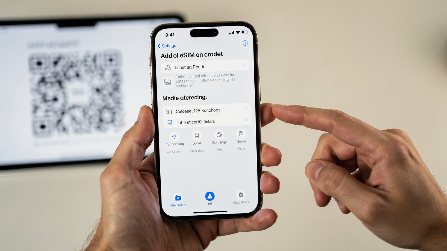 Des mains humaines tenant un smartphone, montrant l'écran de réglages pour ajouter une eSIM, avec un QR code flou sur un autre écran en arrière-plan. L'ambiance est lumineuse et technique.
