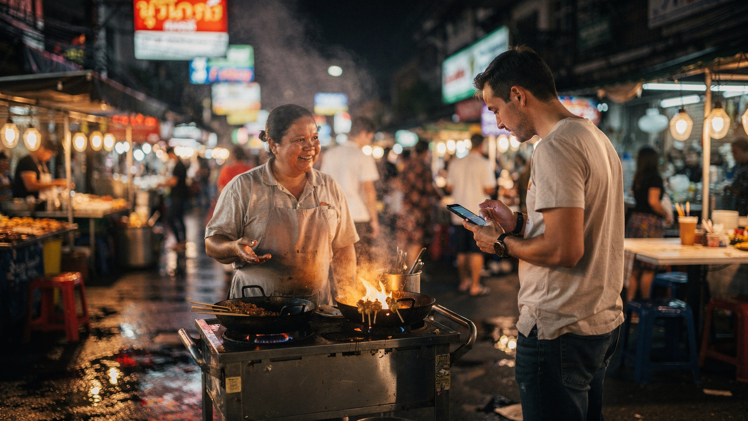 Un homme de 30 ans commande de la street food dans un marché nocturne animé du quartier de Chatuchak à Bangkok, tout en utilisant son téléphone pour traduire ou payer. La scène est vibrante et pleine de vie, éclairée par les néons des stands.
