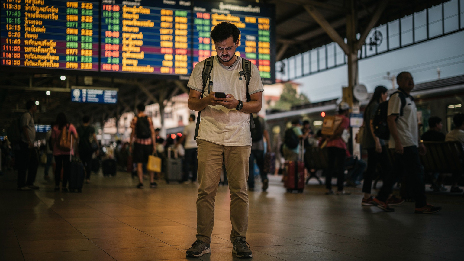 Un voyageur perdu regarde son téléphone avec une expression préoccupée, debout devant un panneau de gare thaïlandaise avec des caractères illisibles. La scène est légèrement sombre, suggérant un problème de connectivité ou de navigation.