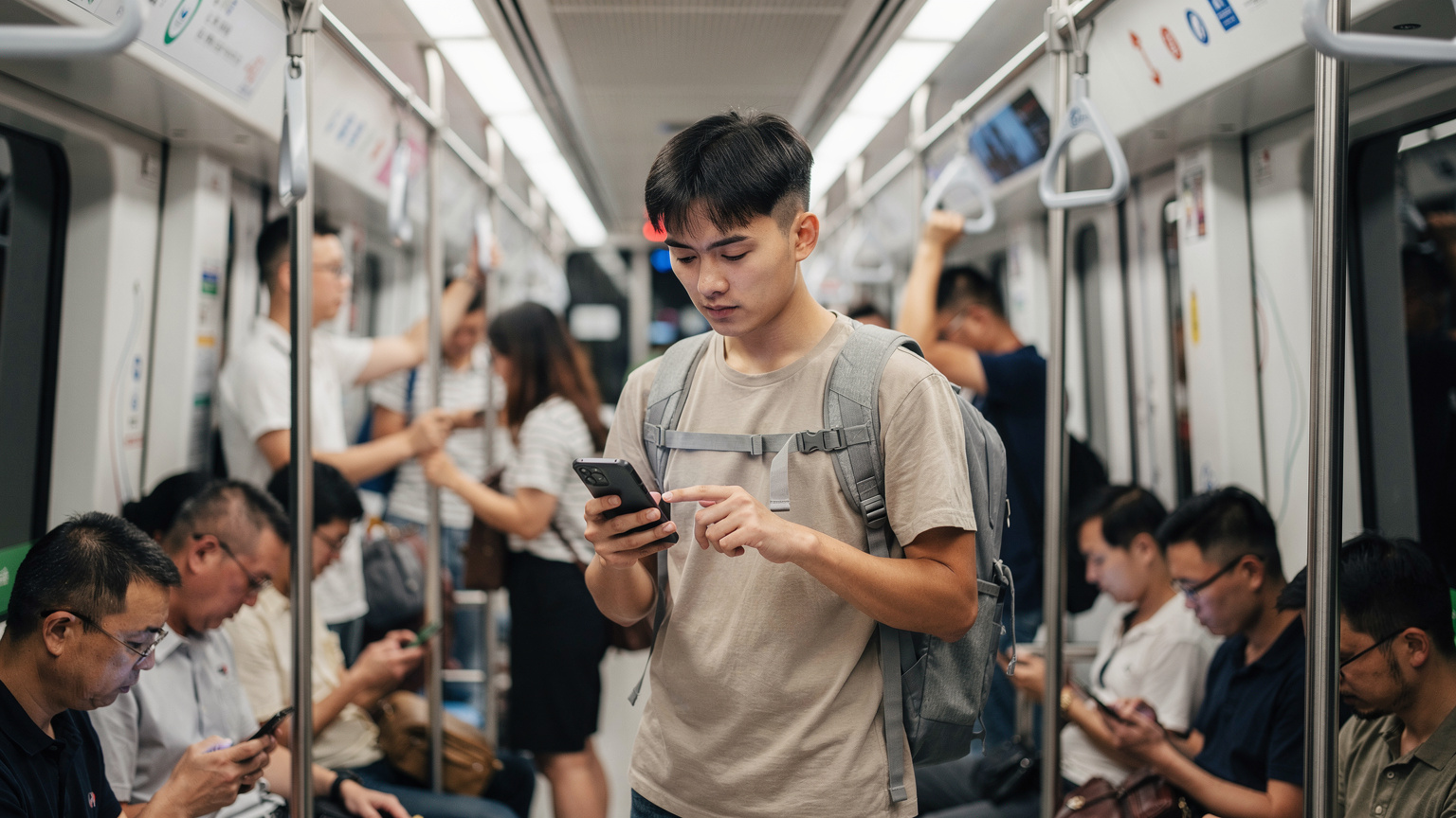 在廣州地鐵裡，一位年輕旅客正在查看手機上的eSIM設置，確保其數據套餐正常運作，周圍是繁忙的通勤人群。