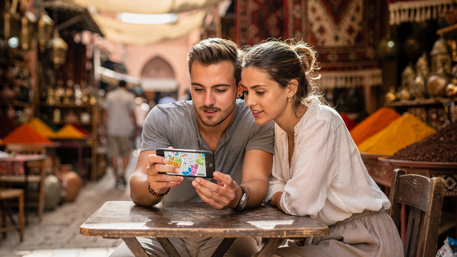 Un couple de voyageurs consulte une carte numérique sur un smartphone, assis à une table dans un marché animé de Marrakech, avec des épices et des produits locaux en arrière-plan.