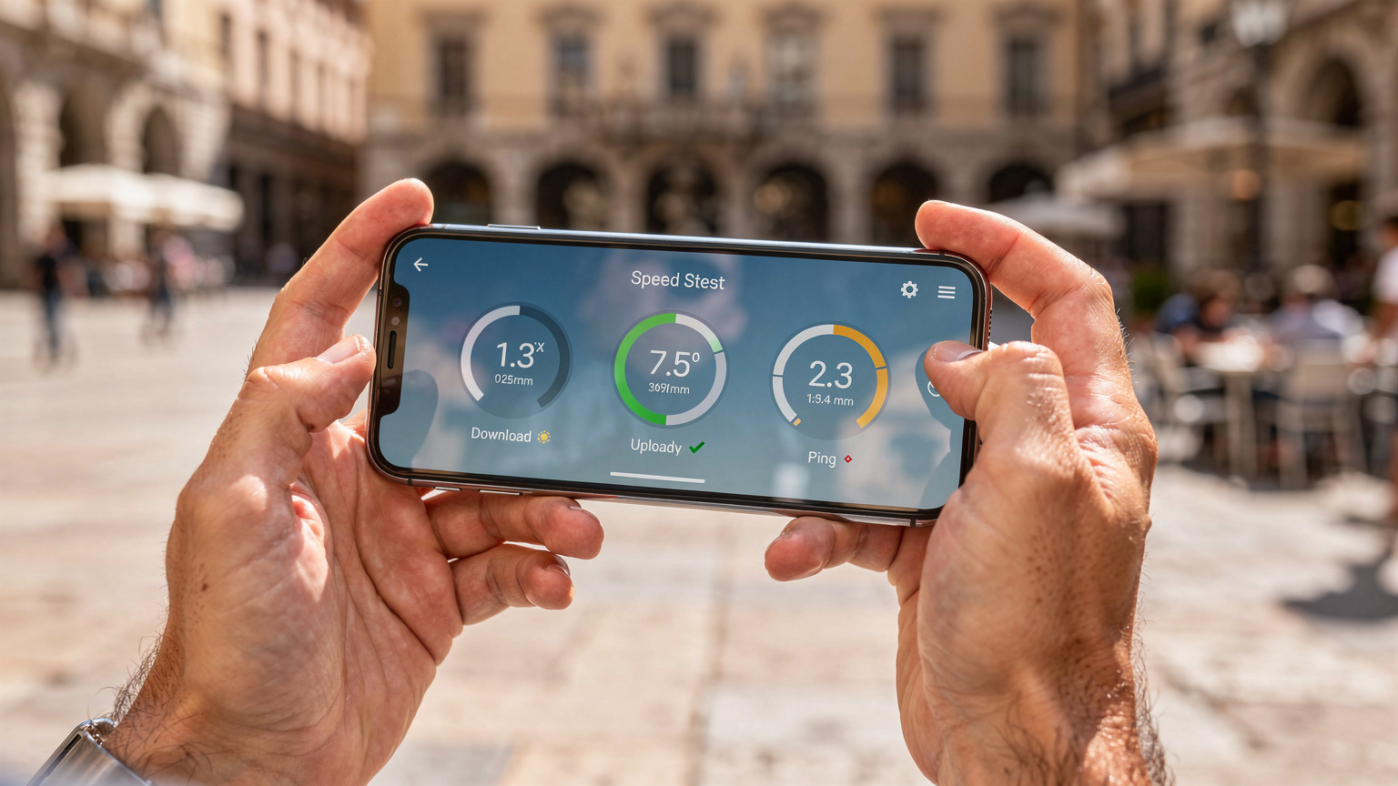Un écran de smartphone affichant un test de vitesse de connexion avec des résultats de débit et de latence, tenu par des mains dans un environnement de voyage.