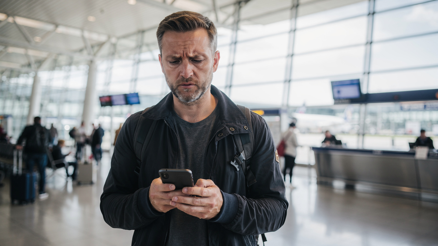 Un voyageur à l'aéroport Charles de Gaulle, regardant son téléphone avec une expression préoccupée, cherchant des informations sur la connectivité avant son vol.