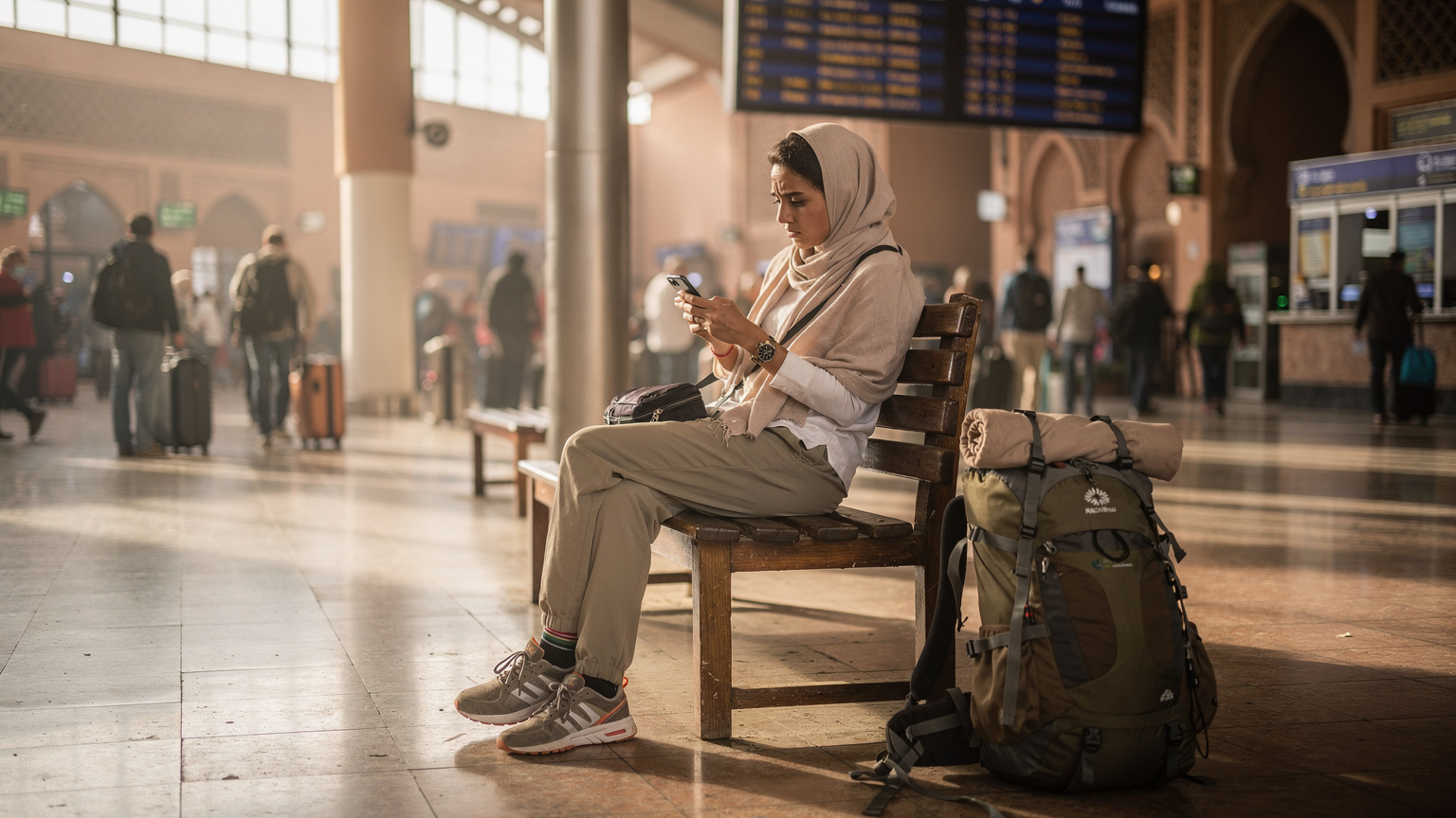 Una viaggiatrice, con uno zaino da trekking a terra accanto a sé, è seduta su una panca di legno in una stazione ferroviaria affollata di Marrakech, Marocco, con un leggero velo sulla testa. Sta guardando il suo smartphone con un'espressione di lieve preoccupazione, forse per problemi di connessione o per cercare informazioni, mentre la luce calda del tardo pomeriggio filtra dalle finestre.