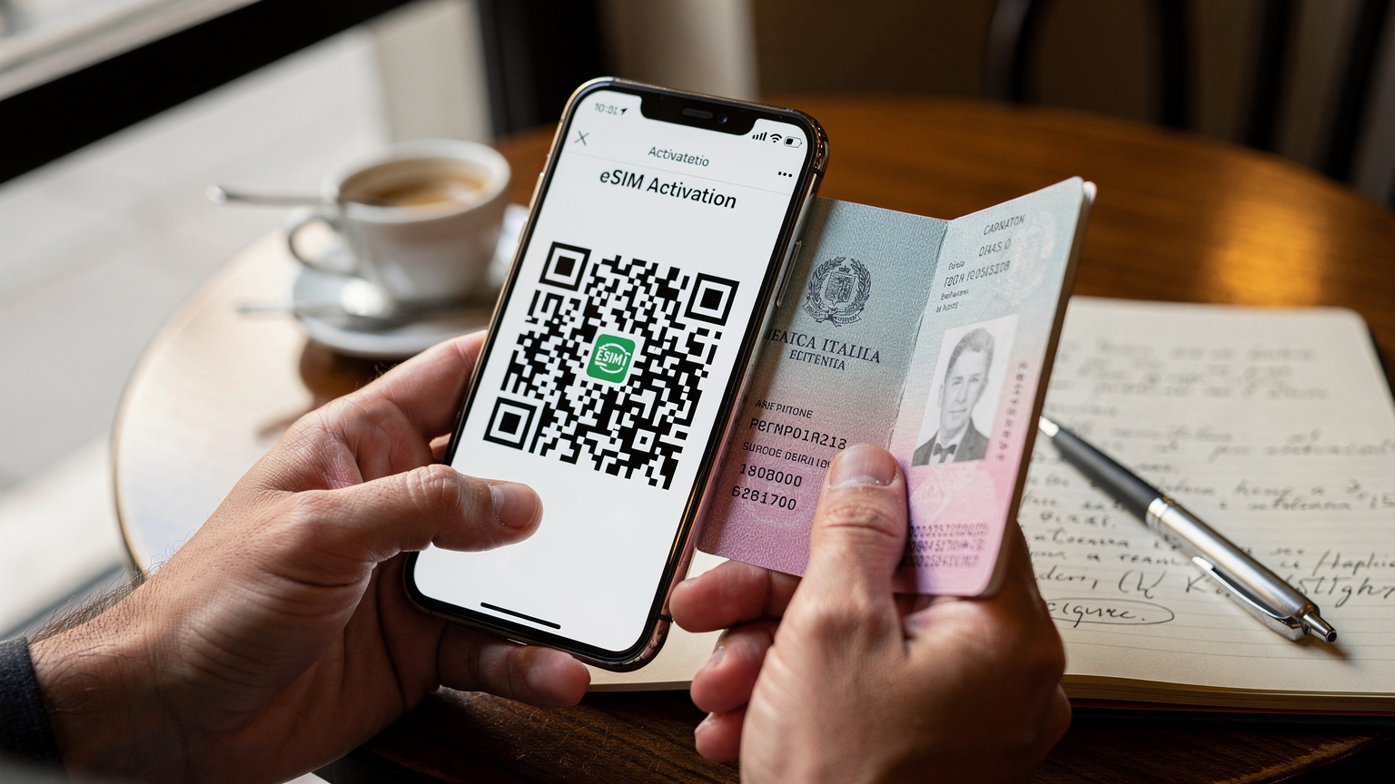 Un primo piano delle mani di una persona che tiene uno smartphone e un passaporto aperto. Sullo schermo del telefono è visibile un codice QR per l'attivazione di una eSIM, mentre le dita sfiorano delicatamente il display. Lo sfondo è un tavolino di un bar affollato di Milano, con un caffè e un quaderno di appunti.