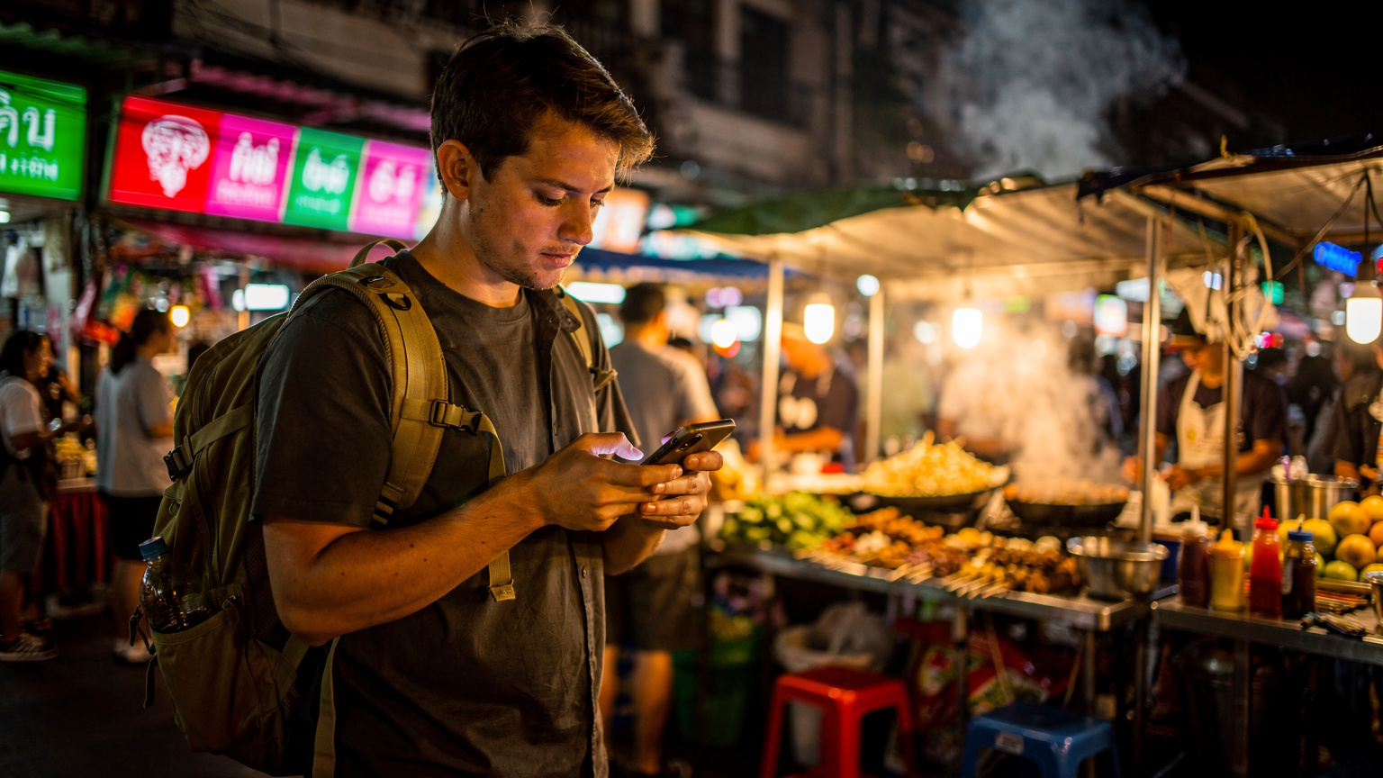 Un backpacker sta consultando il suo smartphone in un mercato notturno affollato di cibo di strada a Bangkok, Thailandia, con luci al neon e fumi di cibo che creano un'atmosfera vibrante. Le sue mani sono visibili mentre tocca lo schermo, concentrato sulla ricerca di informazioni o sulla comunicazione.