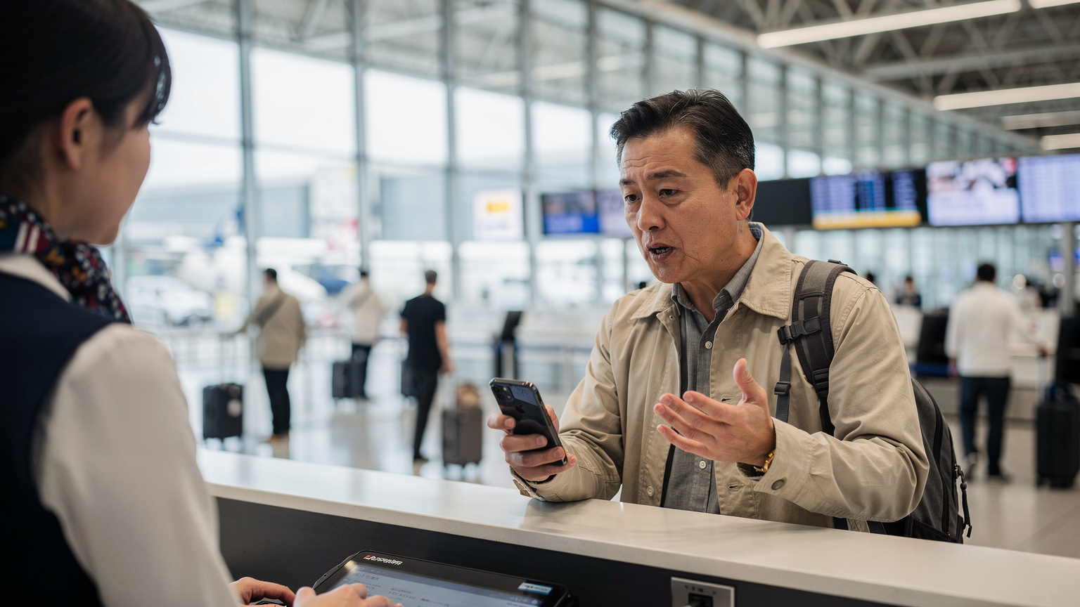 A person at a busy airport check-in counter, looking frustrated while holding their phone and trying to explain an issue to an airline agent, reflecting a common travel friction point.