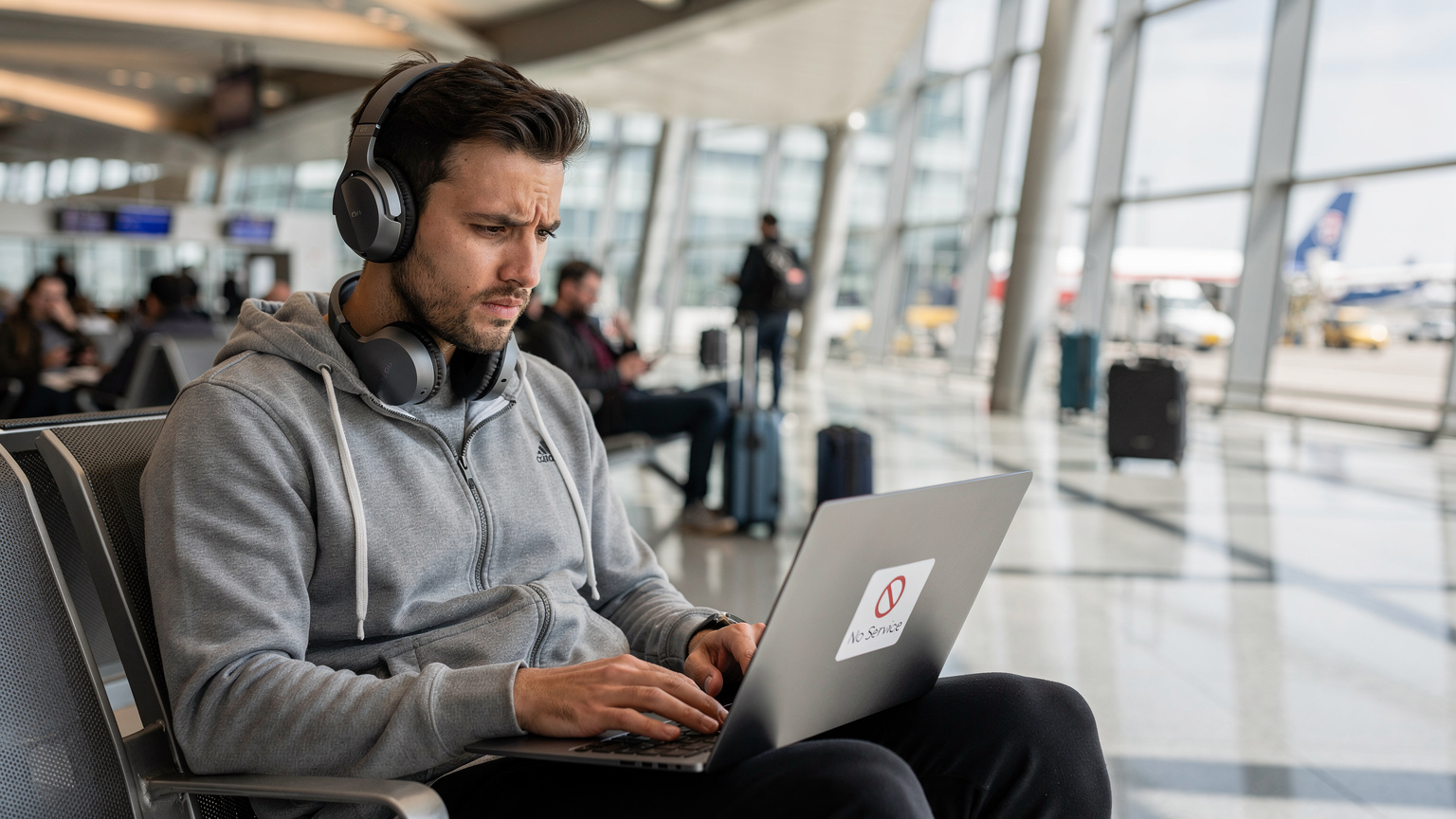 A traveler looking intently at their laptop screen in a bustling airport terminal, specifically Charles de Gaulle Airport in Paris, with a 'No Service' icon clearly visible on their cellular settings, conveying frustration.