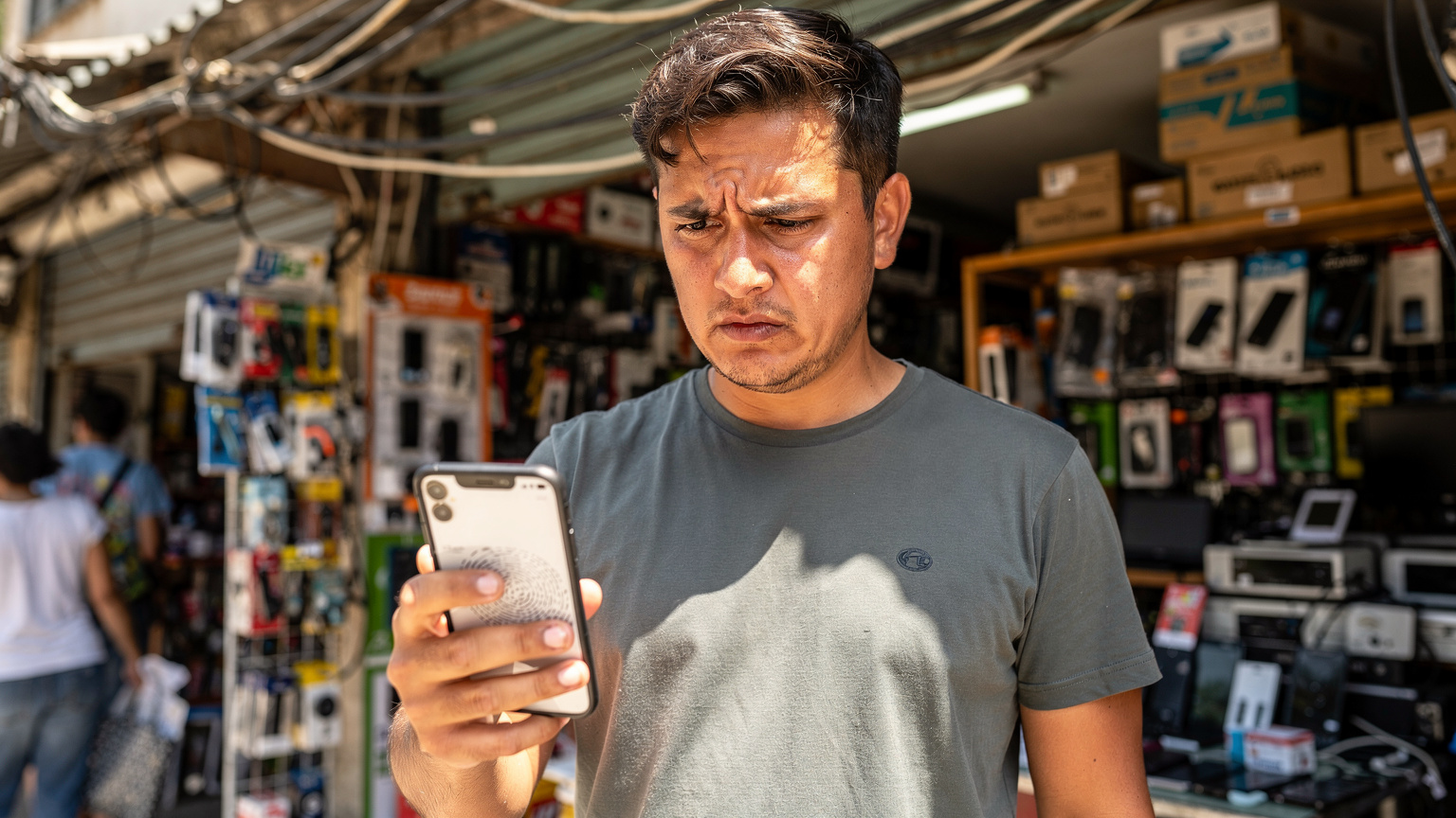 A traveler looks concerned at their smartphone, showing a "No SIM card" error message, highlighting the frustration of physical SIM issues.